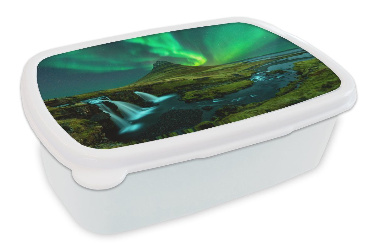 MuchoWow Lunchbox Nordlichter - und Berg Brotdose, Brotbox - für weiß Mädchen für Wasserfall Erwachsene, Island, Kinder - Kunststoff, und Jungs (2-tlg)