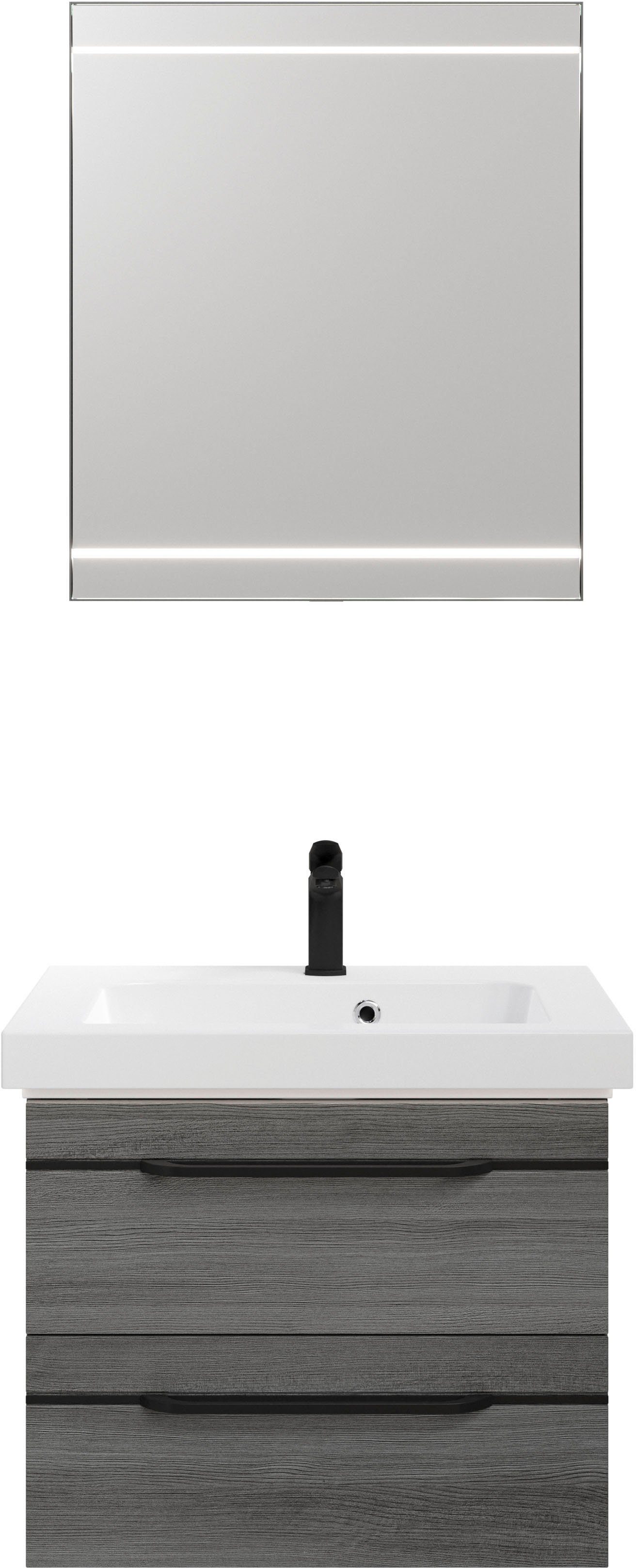 Saphir Badmöbel-Set Balto 2-teilig Mineralmarmor-Waschtisch mit LED-Spiegel, Waschplatz, (2-St), 64,4 cm breit, mit 2 Schubladen, Badschrank inkl. Schubladendämpfer