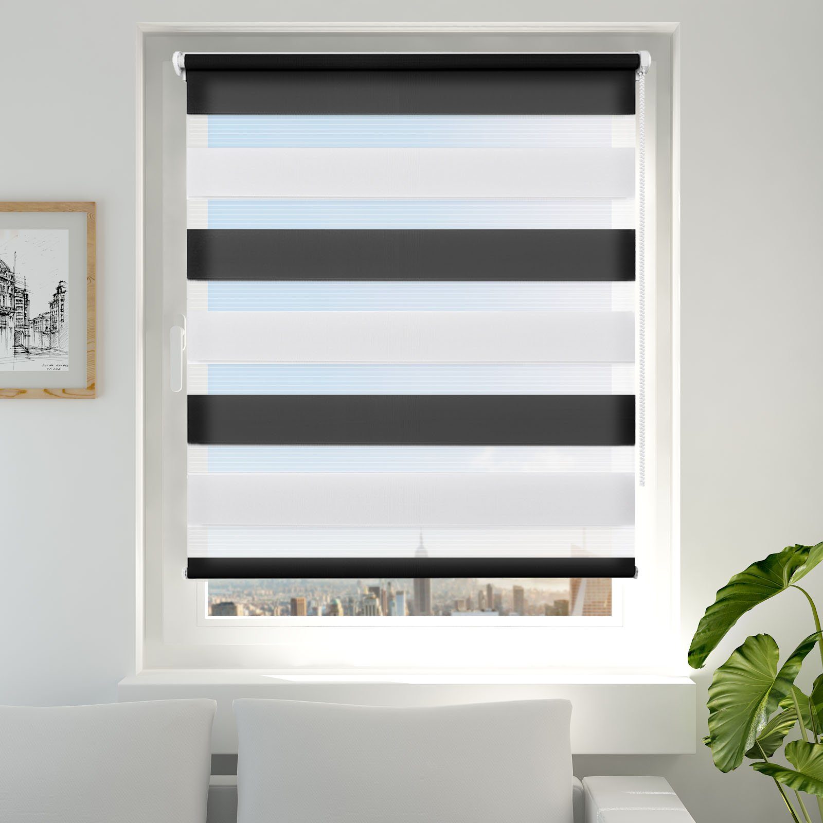 Doppelrollo ohne Bohren 130cm/150cm/230cm, OUBO, freihängend, verspannt, Klemmfix, Klemmträger, Für Fenster und Tür mit Klemmträger lichtdurchlässig verdunkelnd