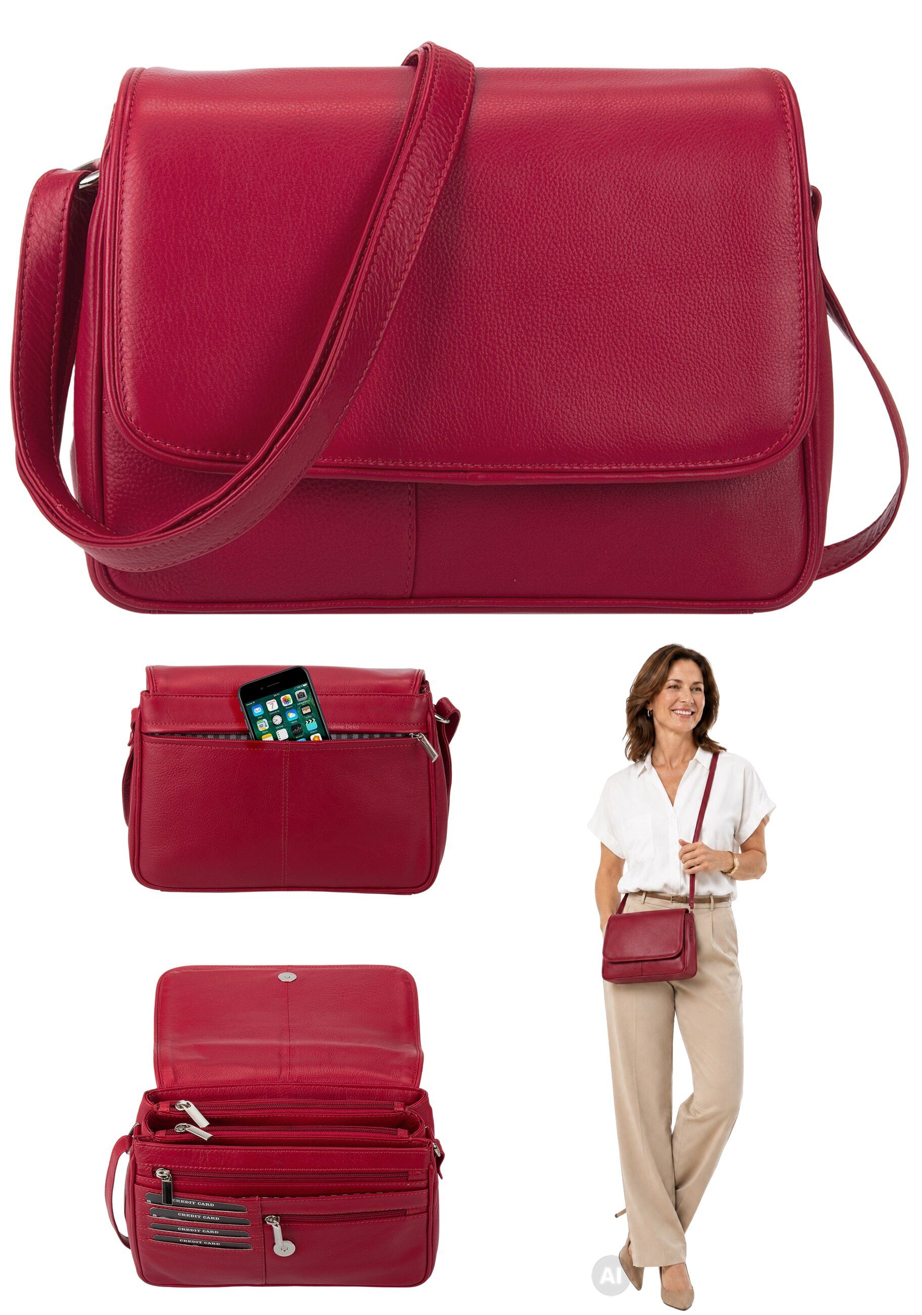 Alessandro Salvatore Handtasche Leder Damen mittel klein Lederhandtasche, Schultertasche Echtleder Damentasche Tasche Florenz 12975 + Etui