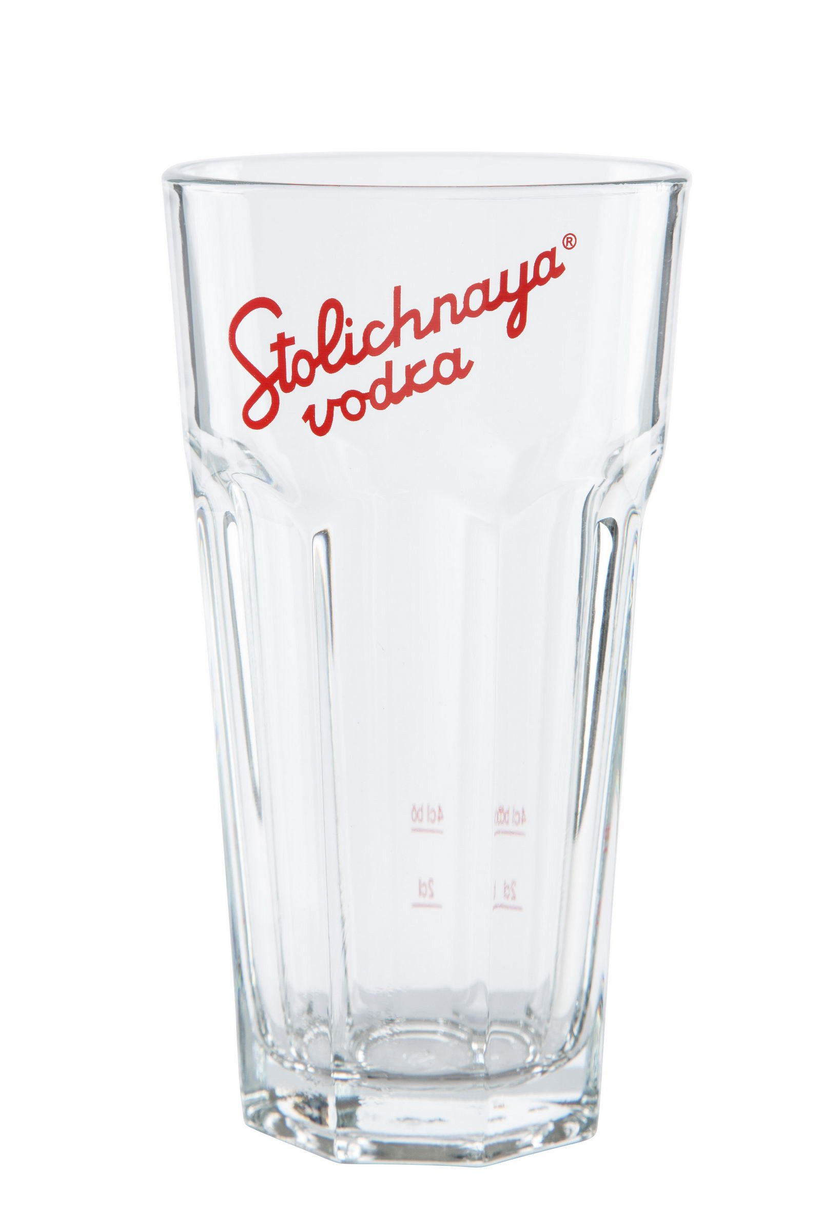 Stolichnaya Longdrinkglas Stylisches Bar-&Nachtclubglas mit Eichstrichen –für Longdrinks 2+4cl, 1-tlg., Markenglas mit ikonischem Retro-Look