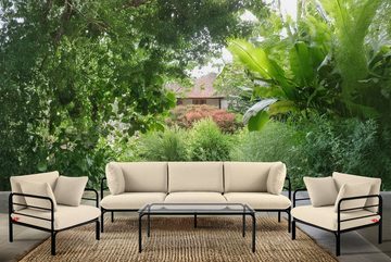 Konsimo Gartenlounge-Set RAMBE Gartenmöbelset, hergestellt in der EU, (4-tlg., 1x Tisch, 2x Sessel, 1x Sofa 3-Sitzer), handgefertigt, Loft, mit Auflage, Stahlrahmen