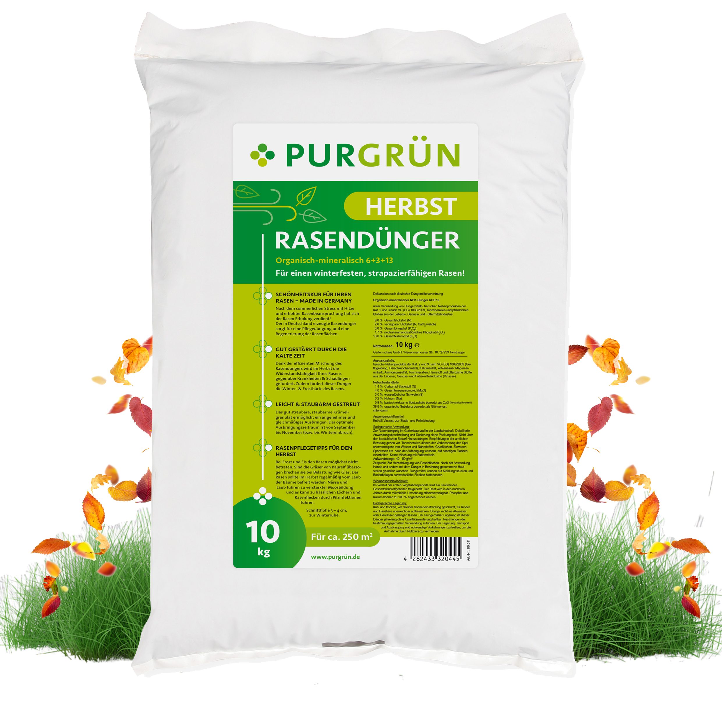 Rasendünger Purgrün Herbstrasendünger, NPK 6+3+13, Kalium, 10 kg