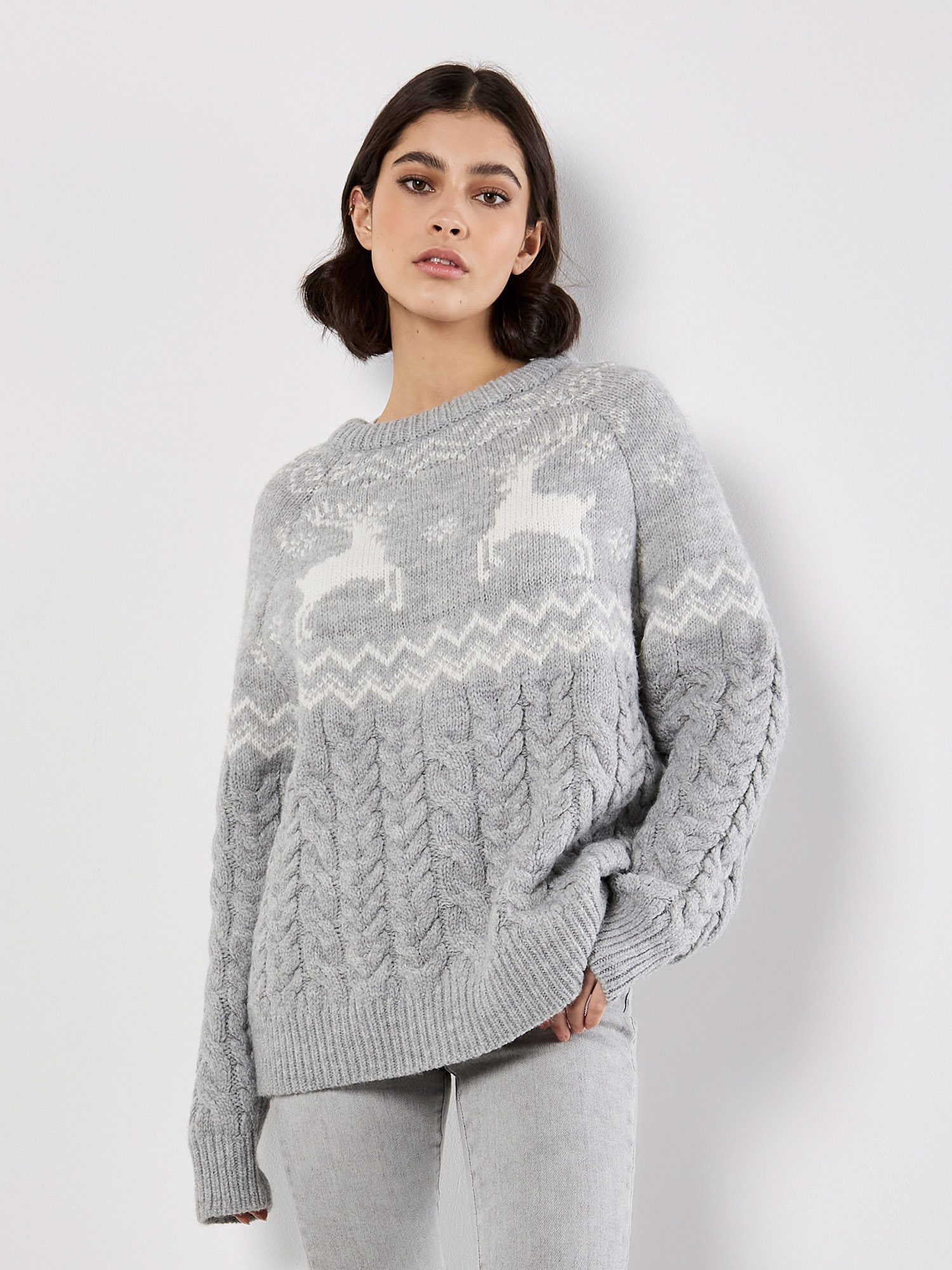 Apricot Norwegerpullover Zopfpullover mit Rentier Muster