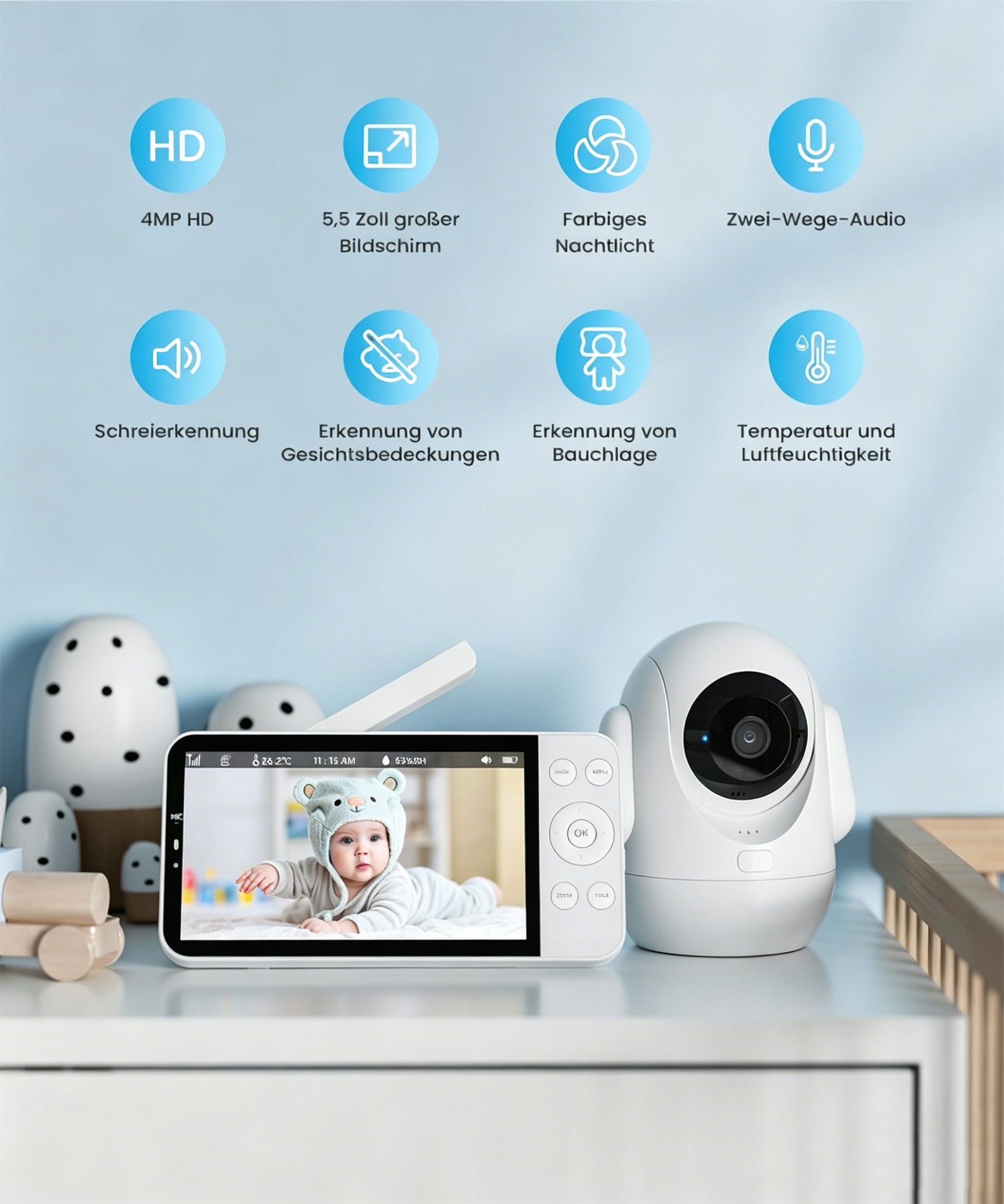 TWUFY Babyphone Babyphone mit Kamera 2.5K & 5.5-Zoll-HD-Großbildschirm Nachtsicht, unterstützt 2,4 GHz und 5 GHz, 1-tlg., 360° WLAN Video Babyfon mit App, Musik & Buntes Nachtlicht, Intelligente Erkennung