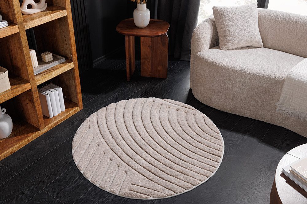 riess-ambiente Designteppich ART DECO Ø80cm beige/creme - rund, 3D-Strukturflor, Hoch-Tief-Effekt, rund, Höhe: 9 mm, weiche Haptik & für Fußbodenheizungen – ideal fürs Schlafzimmer