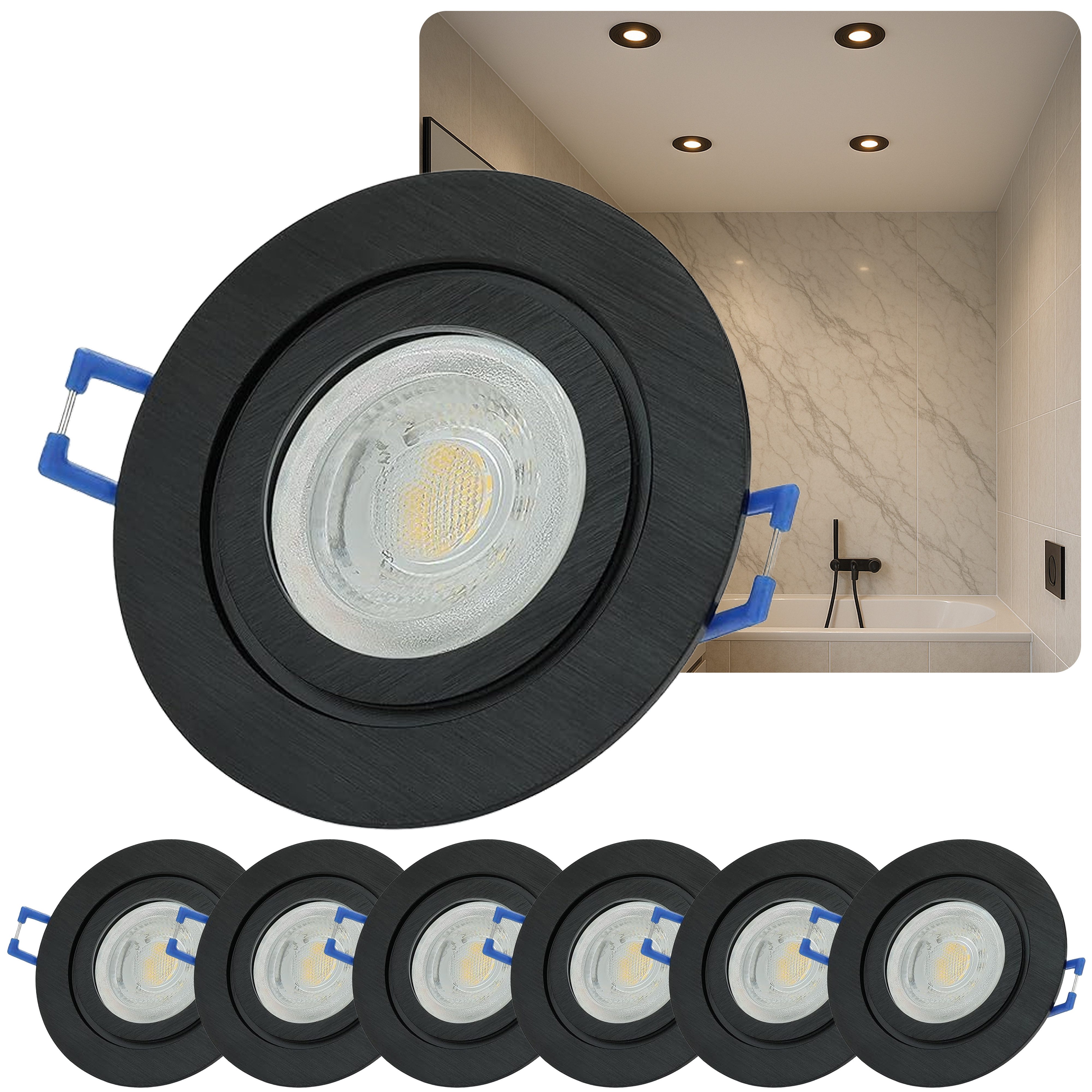 Sweet LED LED Einbaustrahler 6er Set IP44 Bad Aluminium 7W GU10 LED Deckenspots Schwarz 230V, Dimmfunktion, LED fest integriert, 3000K - warmweiß, Deckenspots, Deckenstrahler, Einbauleuchten, spritzwassergeschützt