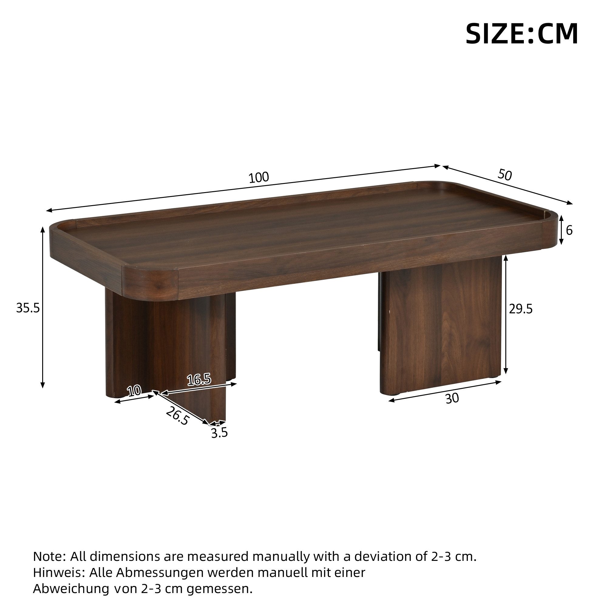 Celya Couchtisch Abgerundete Ecken Kaffeetische, Retro-Stil (100x50x35.5cm, aus MDF und Spanplatte, Sofatisch Beistelltisch)