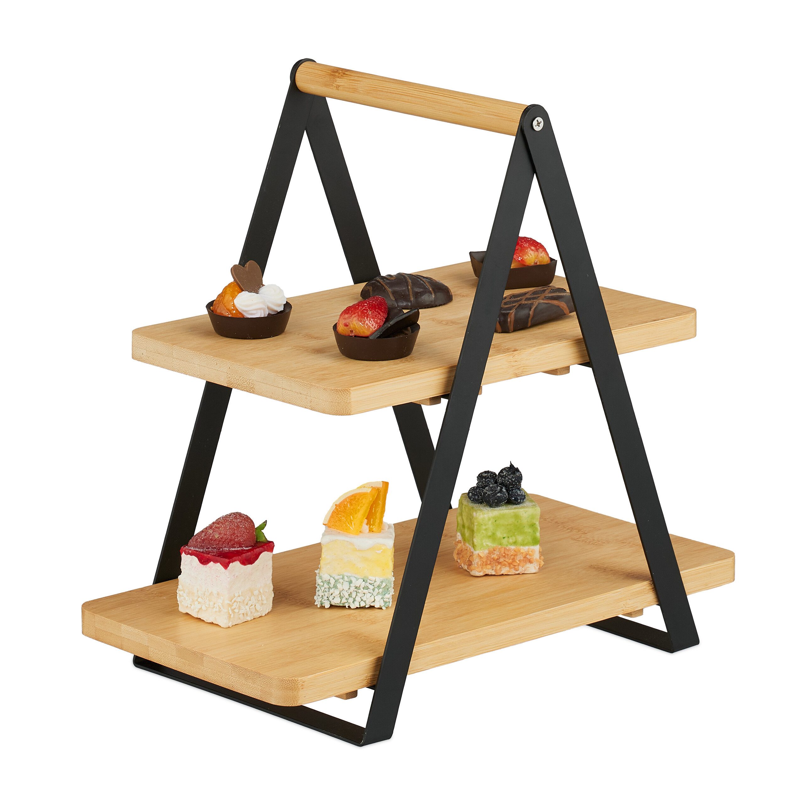 relaxdays Servierplatte Etagere Bambus & Metall, Bambus, 2