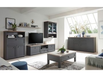 möbelando Sideboard Tomlin, Sideboard im modernen Landhausstil aus Spanplatte in Grau, Oberboden in Timber Wood Nachbildung mit 4 Holztüren, 2 Schubkästen und 4 Einlegeböden. Breite 187 cm, Höhe 97 cm, Tiefe 45 cm