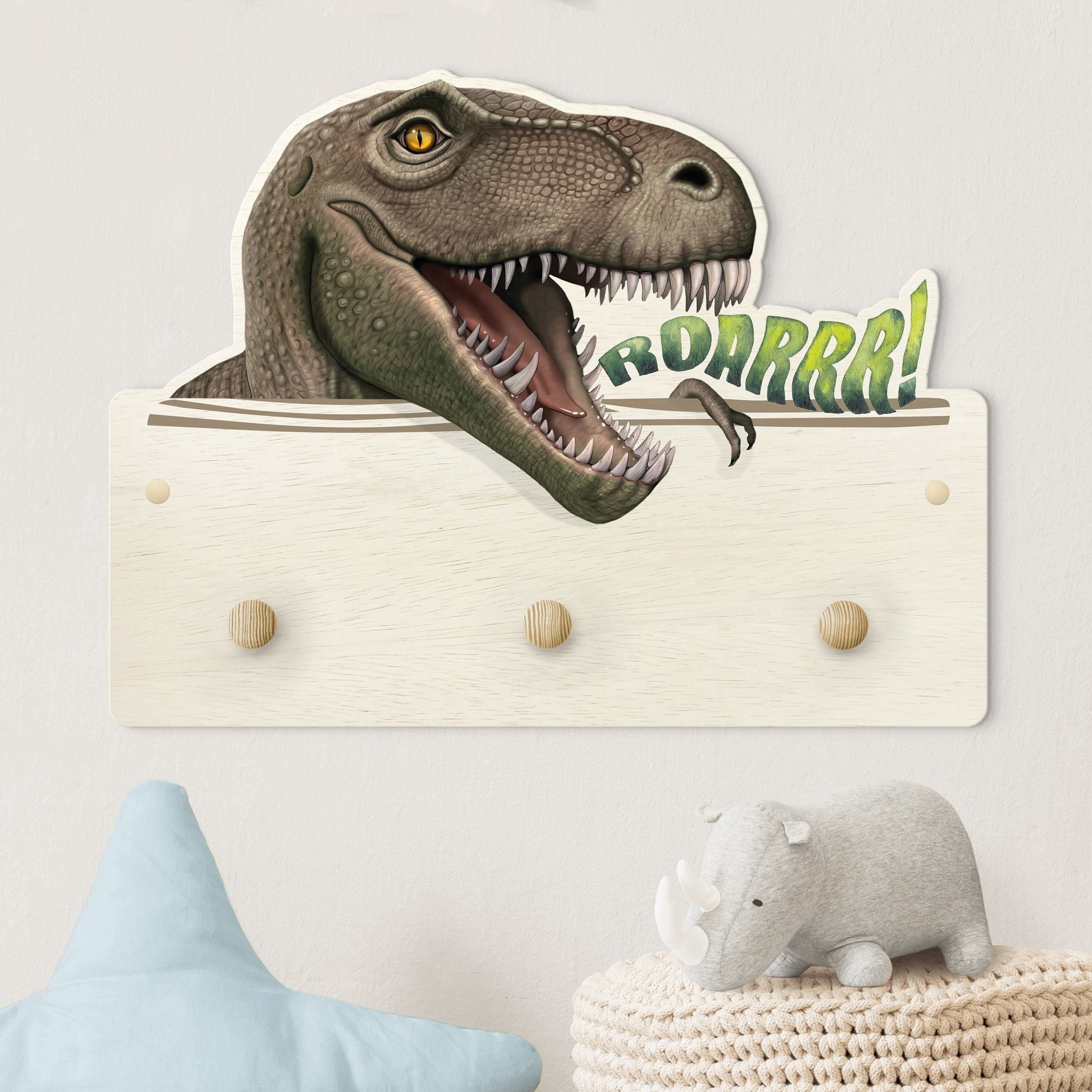 Bilderdepot24 Garderobenpaneel grün 3D-Optiken Tiere Dinosaurier T Rex (Kindergarderobe holz Kleiderhaken für die Wand inkl. Montagematerial), moderne Wand Garderobenleiste Flur - kleine Hakenleiste Kinderzimmer