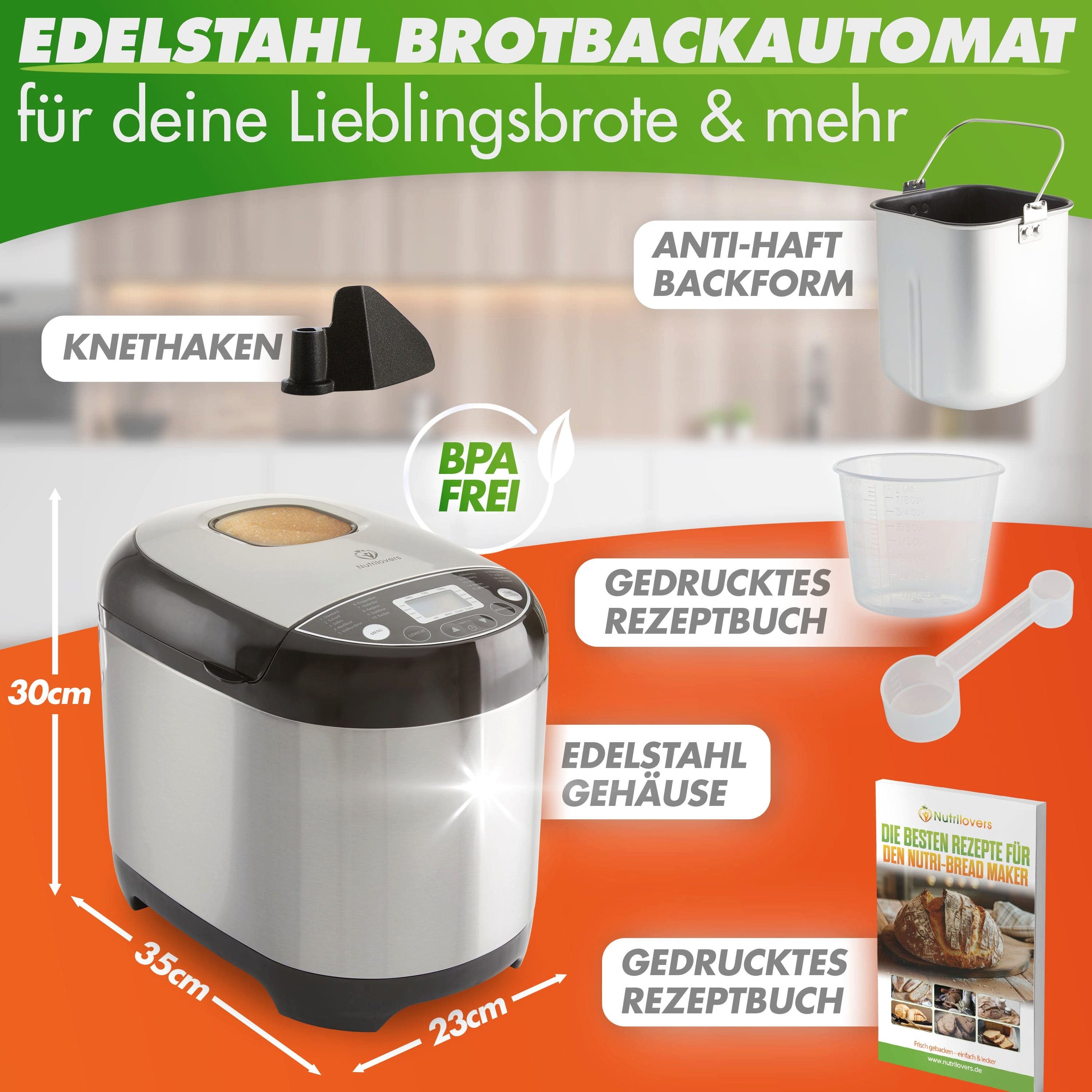 Nutrilovers Brotbackautomat Kompakter Brotbackautomat - Frisches Brot - 3 Brotgrößen - Timer, 19 Programme, 650 W