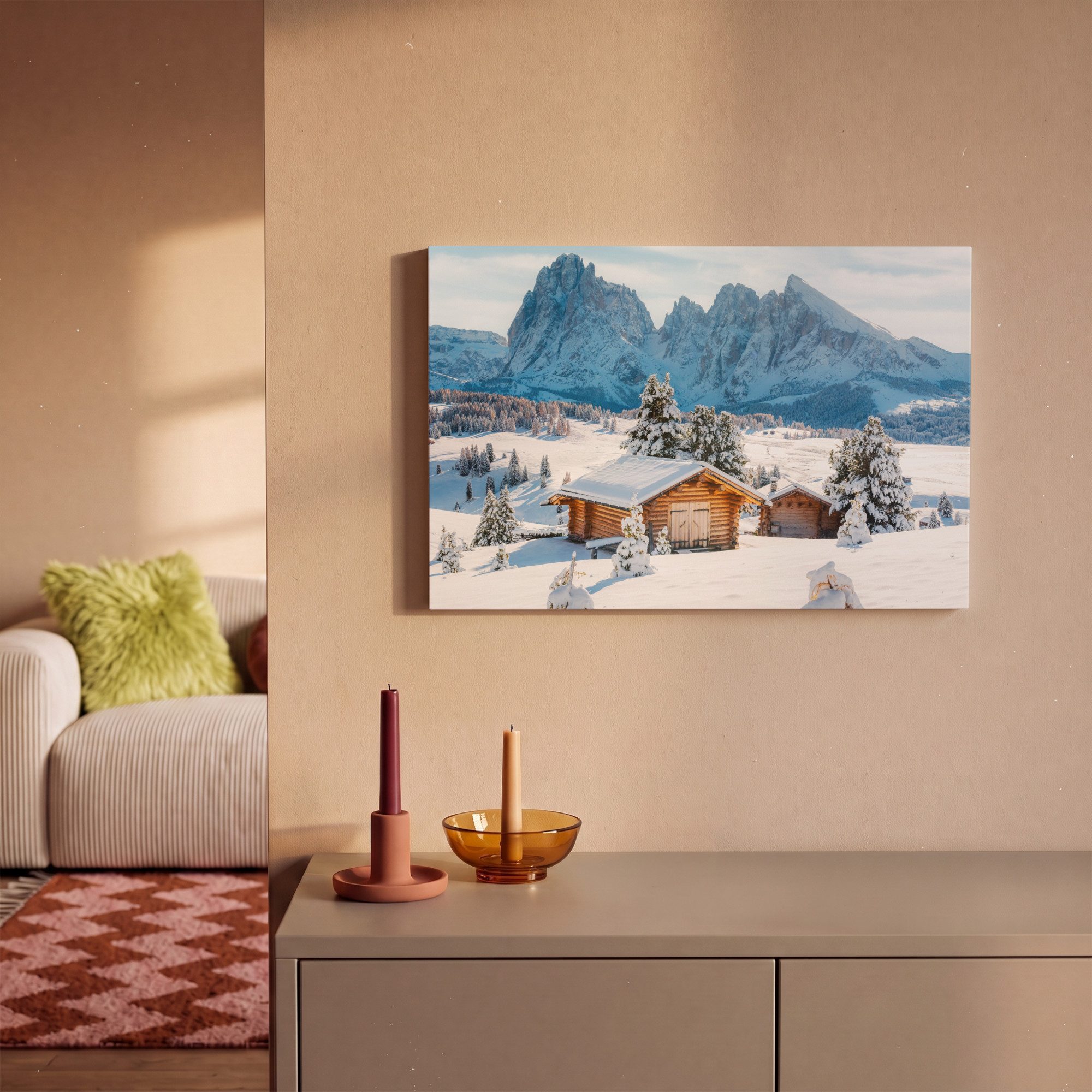 OneMillionCanvasses® Leinwandbild Winter - Hütte - Berge - Aussicht - Schnee, Fotodruck (1 St), Wandbild, Deko Schlafzimmer Wohnzimmer Flur 20x20 cm – Bild 2 von 5