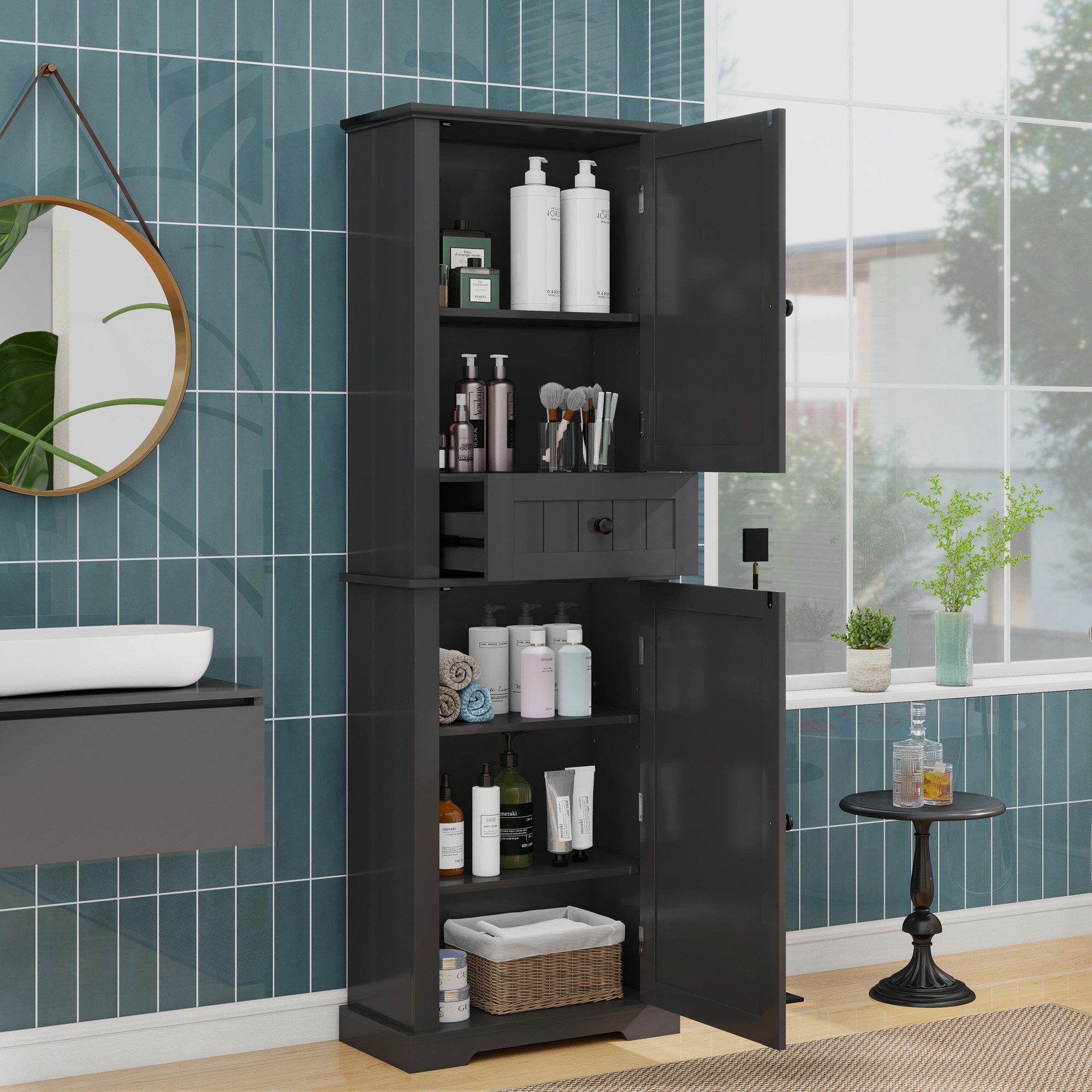 Flieks Badkommode Badezimmerschrank mit Schubladen und verstellbaren Einlegeböden (1 St., 56x28x167,3 cm), Hochschrank Mehrzweckschrank mit 5 Fächern, feuchtigkeitsbeständig