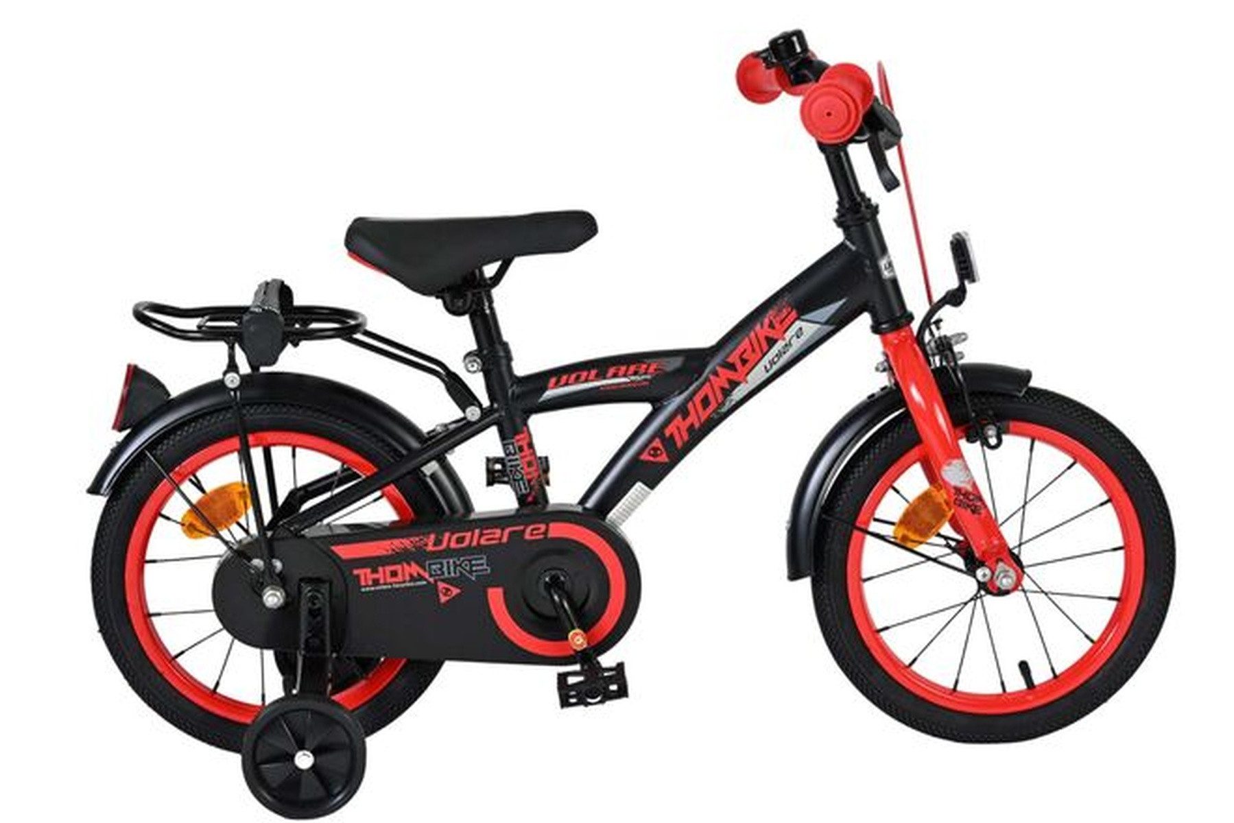 Volare Kinderfahrrad Thombike Kinderfahrrad - Jungen - 14 Zoll - Schwarz Rot, Handbremse und Rücktrittbremse, geschlossener Kettenschutz