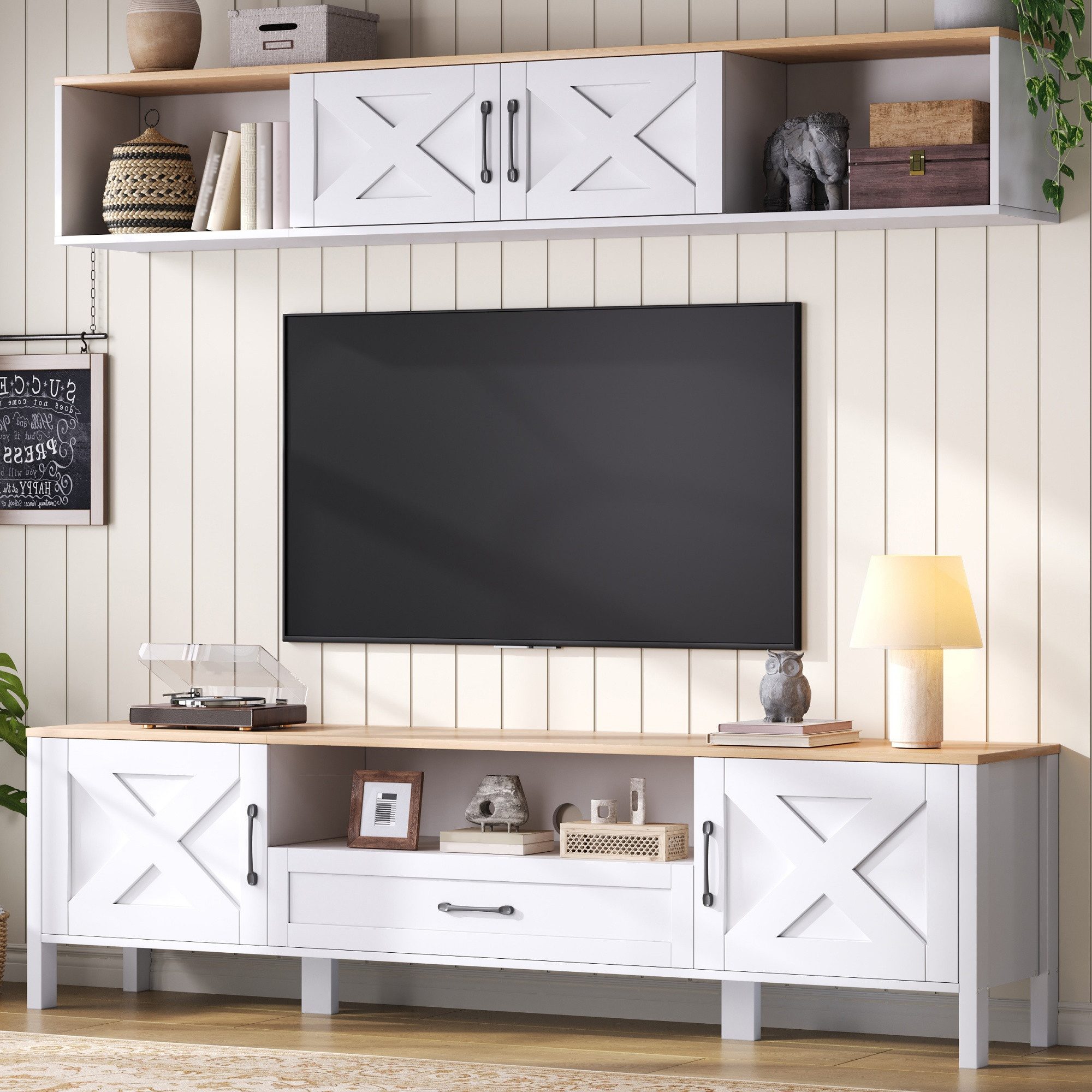 HAUSS SPOLE Wohnzimmer-Set Möbel Set TV Schrank Wandvitrine Platzsparend Medienwand Stauraum Weiß, (TV-Möbel-Set mit Hängeschrank), Multimediawand mit integriertem Kabelmanagement