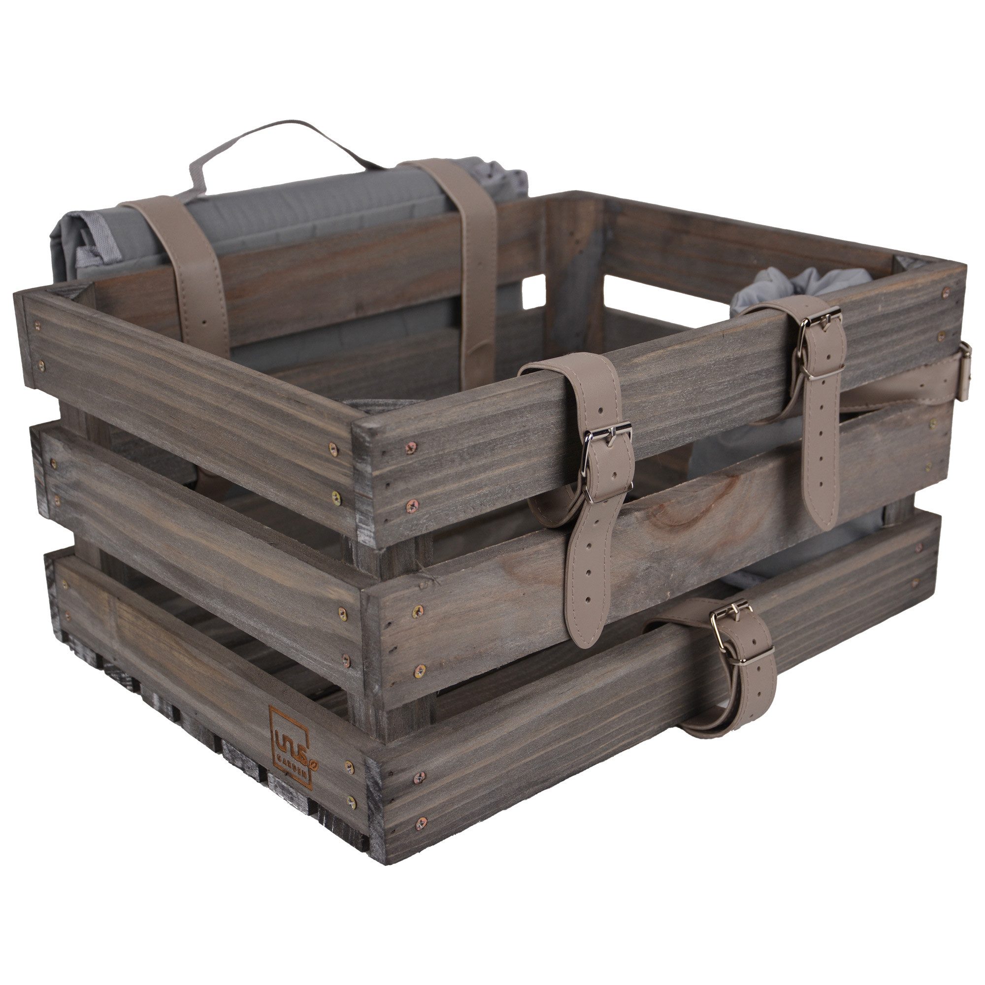 UNUS GARDEN Fahrradkorb Fahrradkiste Picknick Holz (Grau 40x30x20cm (LxBxH), Holzkiste Picknick Fahrradkiste Picknickdecke Flaschenhalter