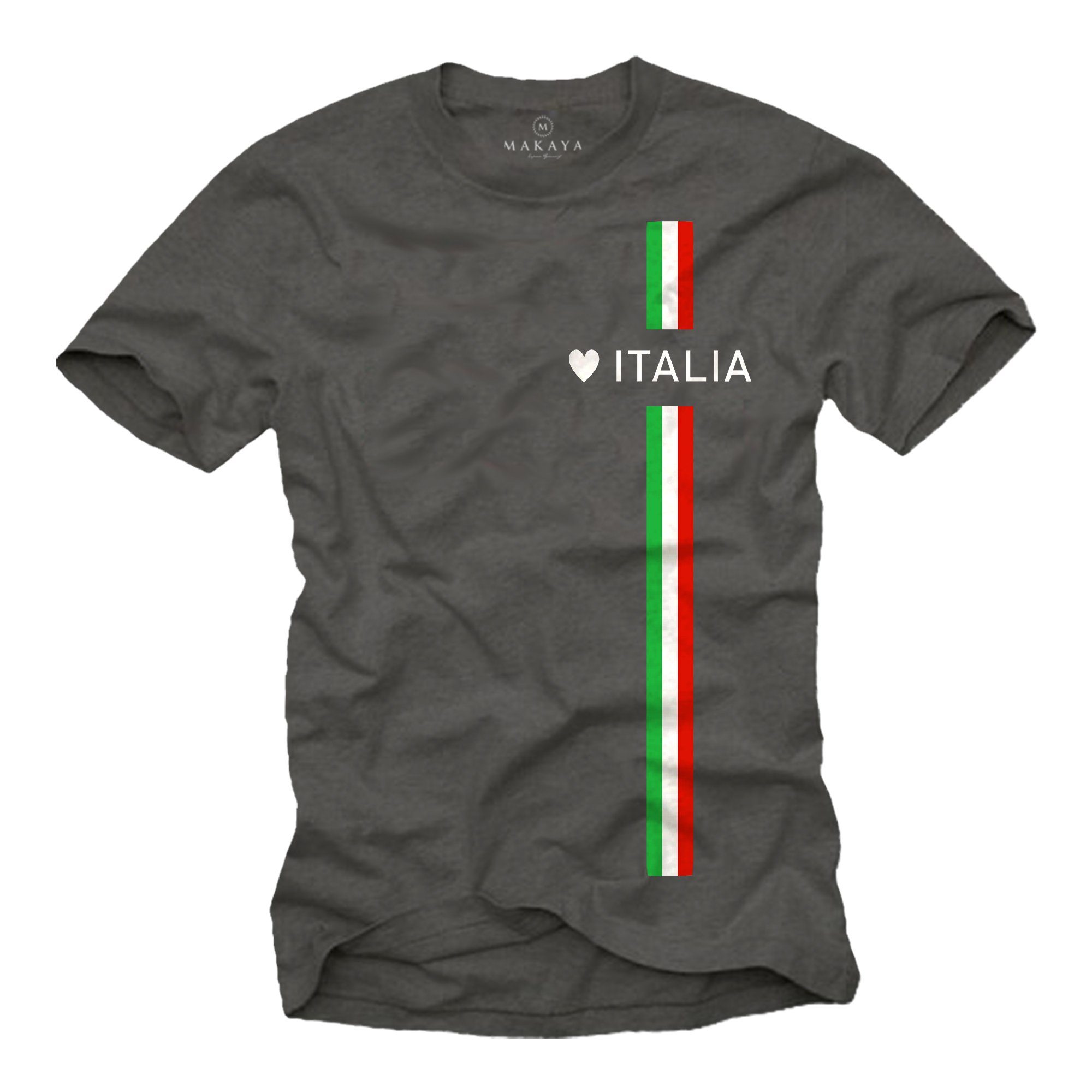 MAKAYA T-Shirt Herren Italia Herz Italienische Flagge Fahne Fußball Trikot Italien Jungs, Männer Grau