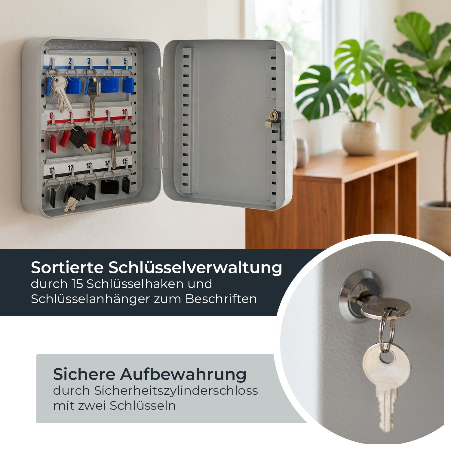 HMF Schlüsselkasten Schlüsselkasten aus Stahl, abschließbarer Schlüsselschrank für Flur (inkl. Schlüsselanhänger), Arbeitszimmer oder Garage, 15 Schlüsselhaken, 25x20x 7,5 cm, Lichtgrau