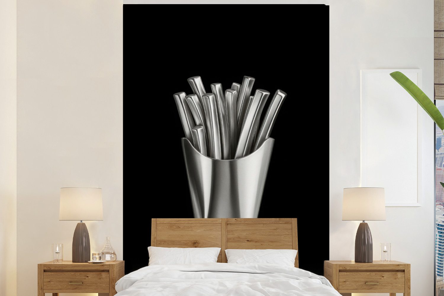 MuchoWow Fototapete Pommes frites - Futuristisch - Silber, Matt, bedruckt, Vinyl Tapete für Wohnzimmer oder Schlafzimmer, Wandtapete, 200x300 cm