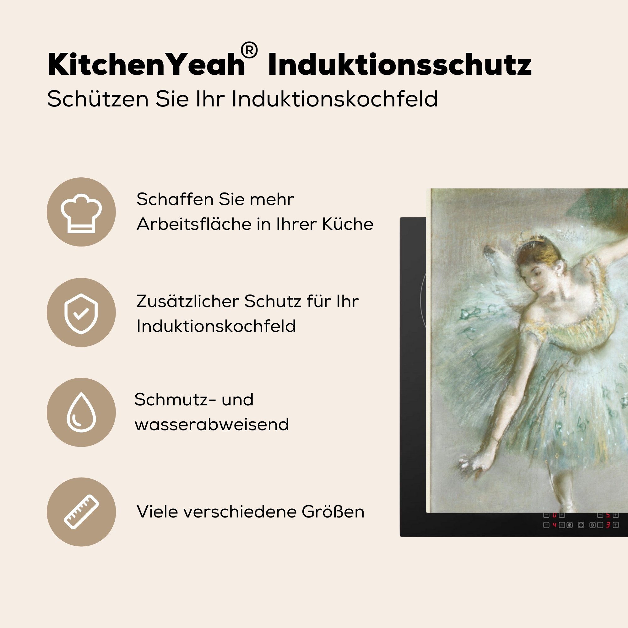 (1 MuchoWow in Arbeitsplatte Degas, Edgar tlg), Grün von Ceranfeldabdeckung, - 78x78 Herdblende-/Abdeckplatte Tänzerin für Vinyl, cm, Gemälde küche