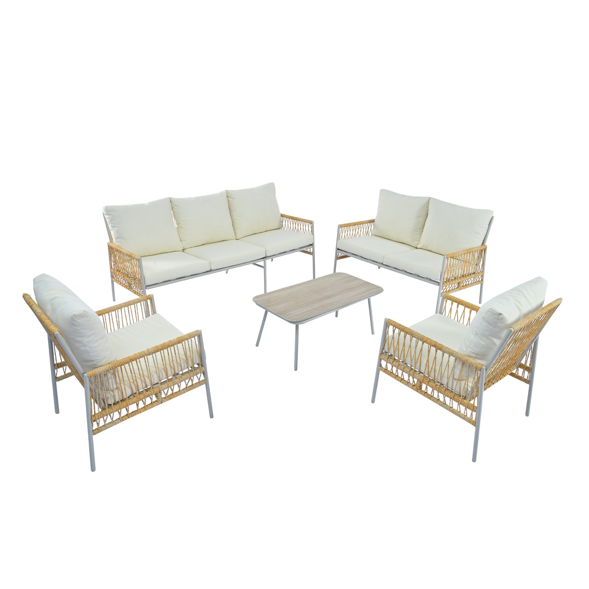 BlingBin Gartenlounge-Set Gartenmöbel-Set 7-Sitzer, Garten-Essgruppe, 1 Couchtisch, PE-Rattan, (5er Set, 5-tlg., Verzinktes Stahlrohr, Gehärtetes Glas (Massivholzmaserung Imitiert), Sitzkissen Abnehmbar und Waschbar, Beige