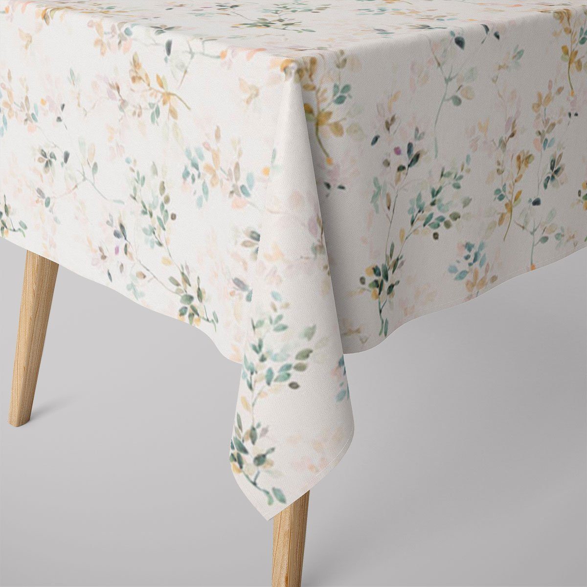 SCHÖNER LEBEN. Tischdecke SCHÖNER LEBEN. Tischdecke Blätterzweige Blüten weiß pastell, Digitaldruck