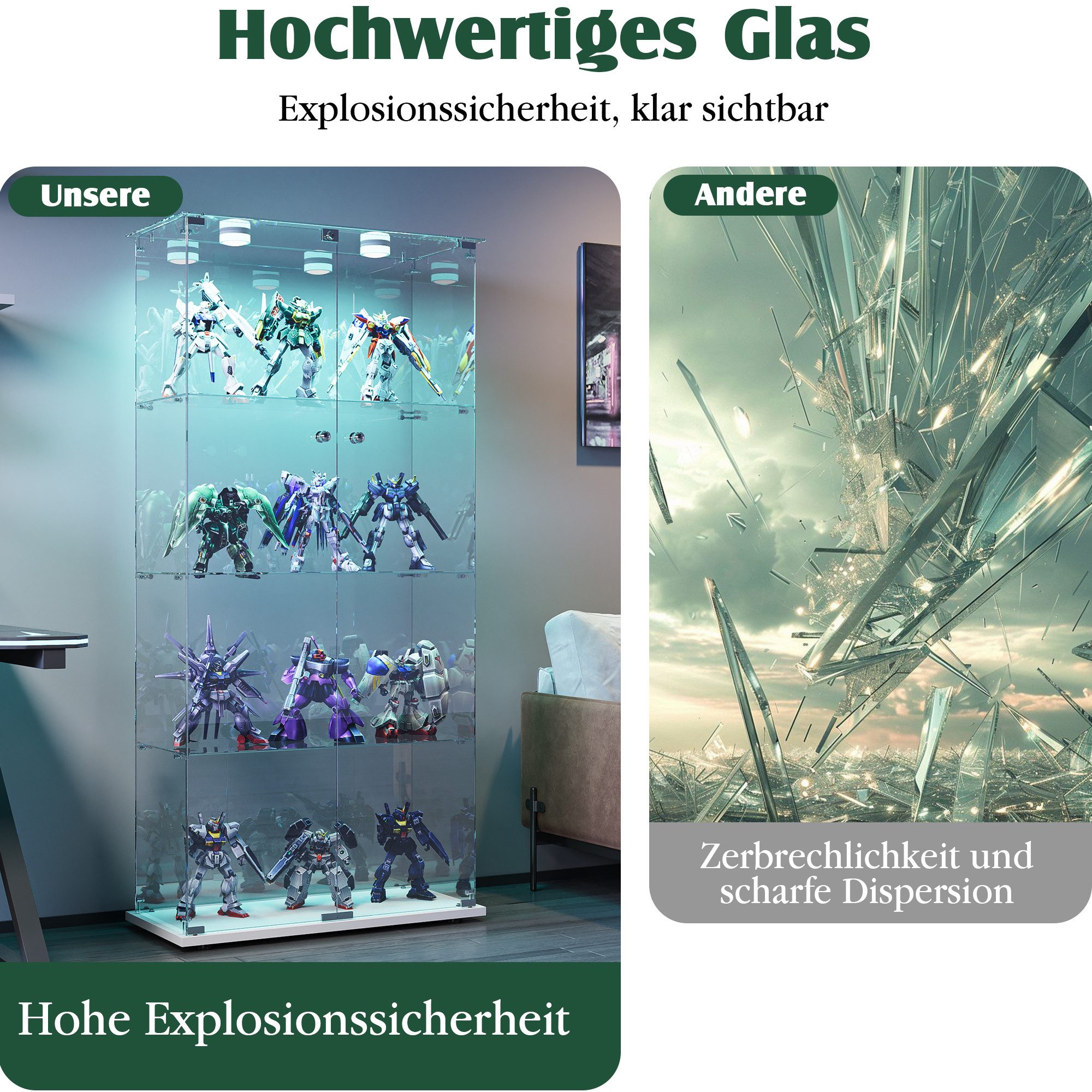 NMCXXO Glasvitrine Vitrine Eckglasanzeigeschrank Ausstellungsschrank mit LED-Beleuchtung Standvitrine/Glasvitrine,Eckglasanzeigeschrank, Große Kapazität