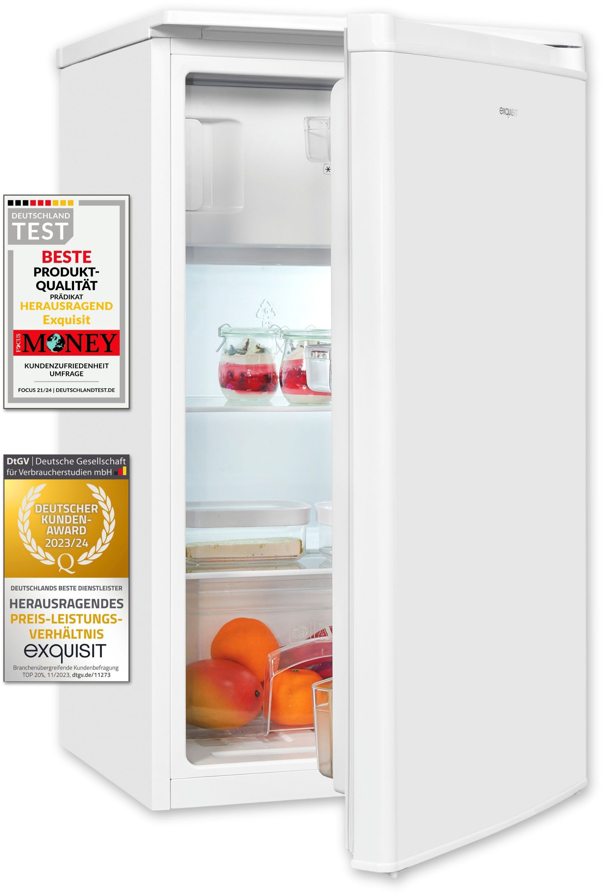 exquisit Kühlschrank KS117-3-040E weiss, 85 cm hoch, 48 cm breit, Perfekte Kühlung & Gefrierfach: 81 L Mini-Kombi für jede Küche"