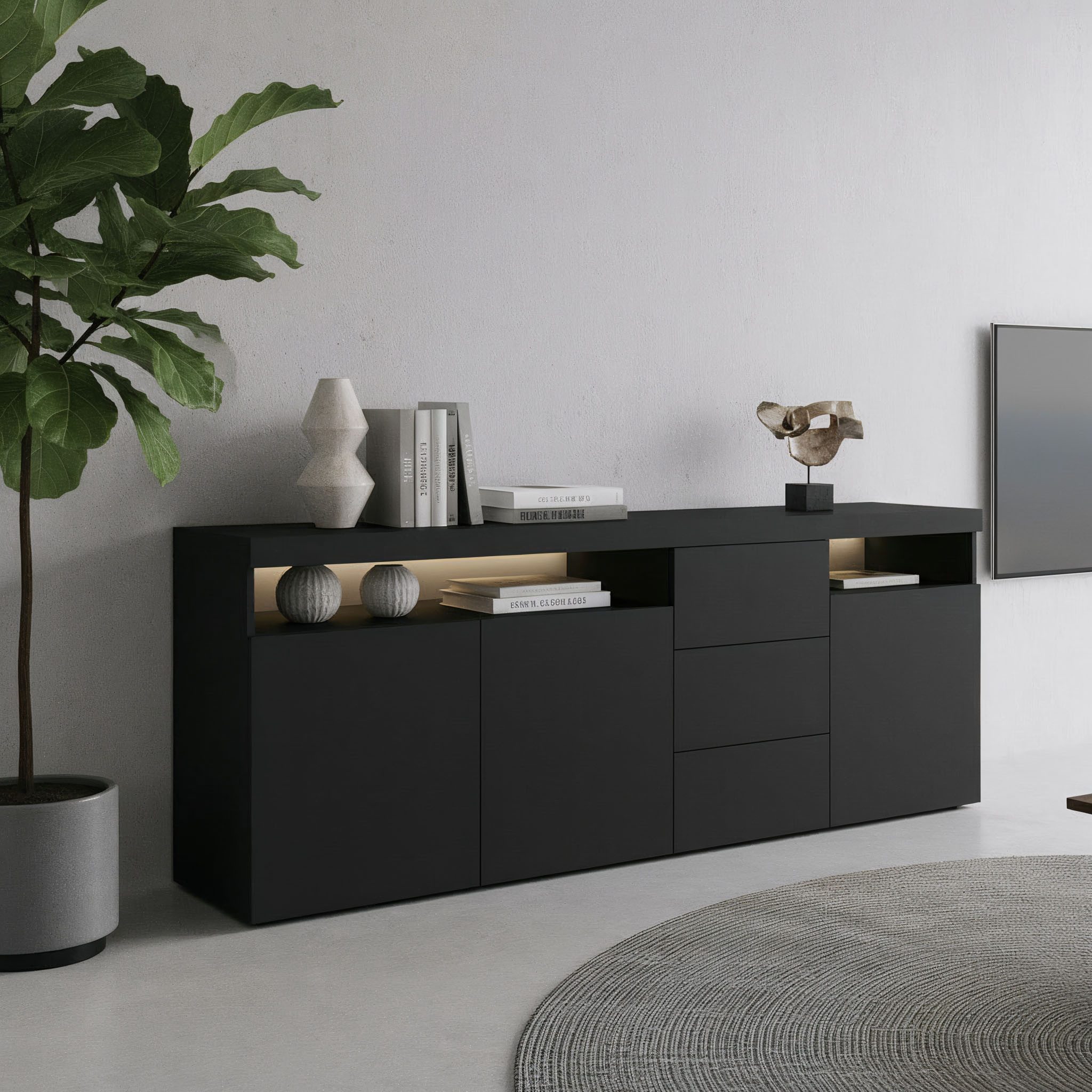 borchardt Möbel Sideboard Kapstadt, Kommode mit Push-to-open-Funktion, Hochglanz-Dekor, Breite 200 cm mit 3 Schubkästen