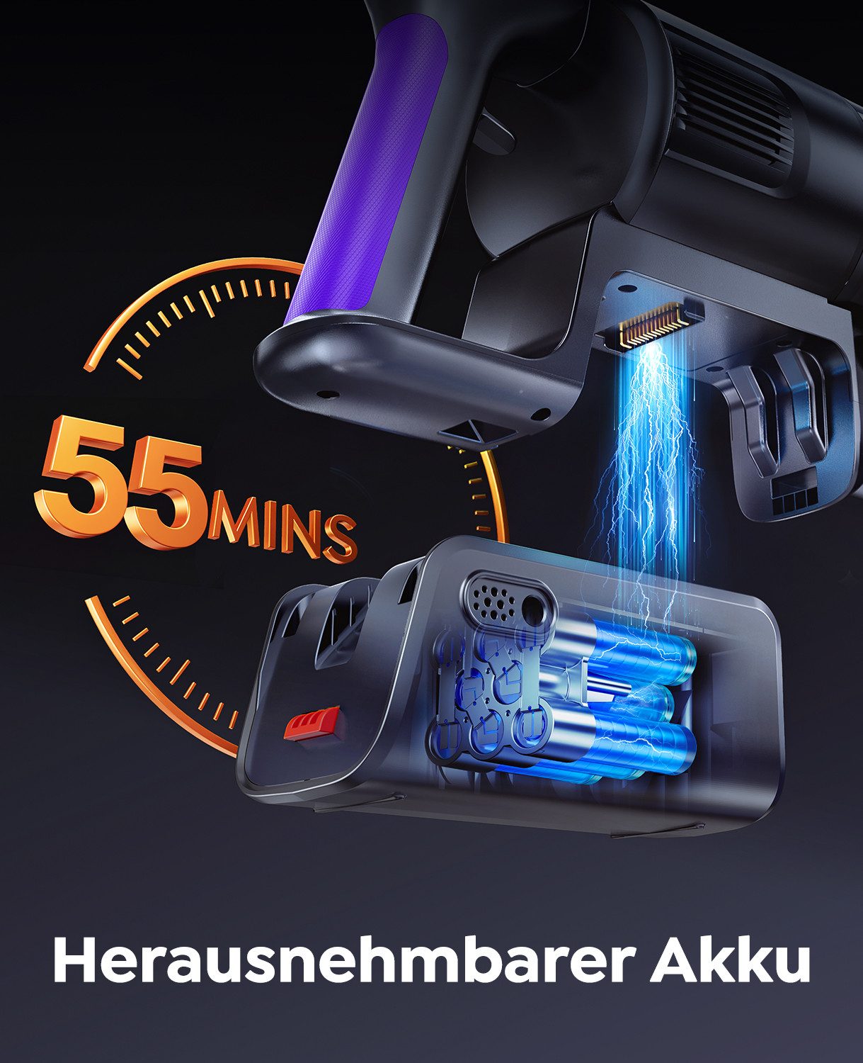 Buture Akku-Hand-und Stielstaubsauger 65000Pa Akku Staubsauger 550W Akkusauger kabellos 55 Min Laufzeit, 65 kPa, 55 Minuten Laufzeit, Abnehmbarer Akku