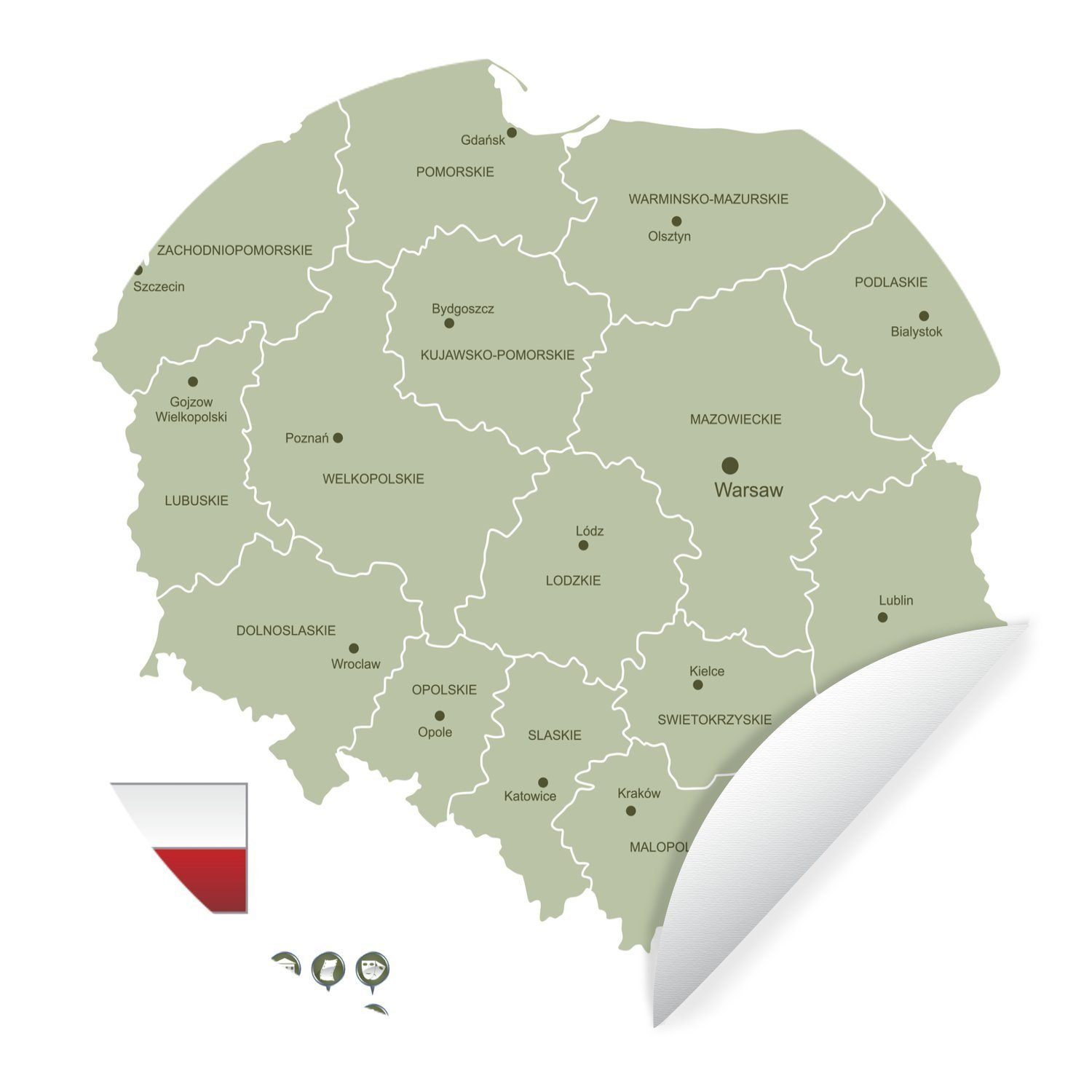 MuchoWow Wandsticker Illustration einer detaillierten Karte von Polen (1 St), Tapetenkreis für Kinderzimmer, Tapetenaufkleber, Rund, Wohnzimmer