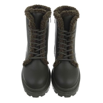 Ital-Design Damen Schnürschuhe Freizeit Schnürstiefelette Blockabsatz Plateaustiefeletten in Olive