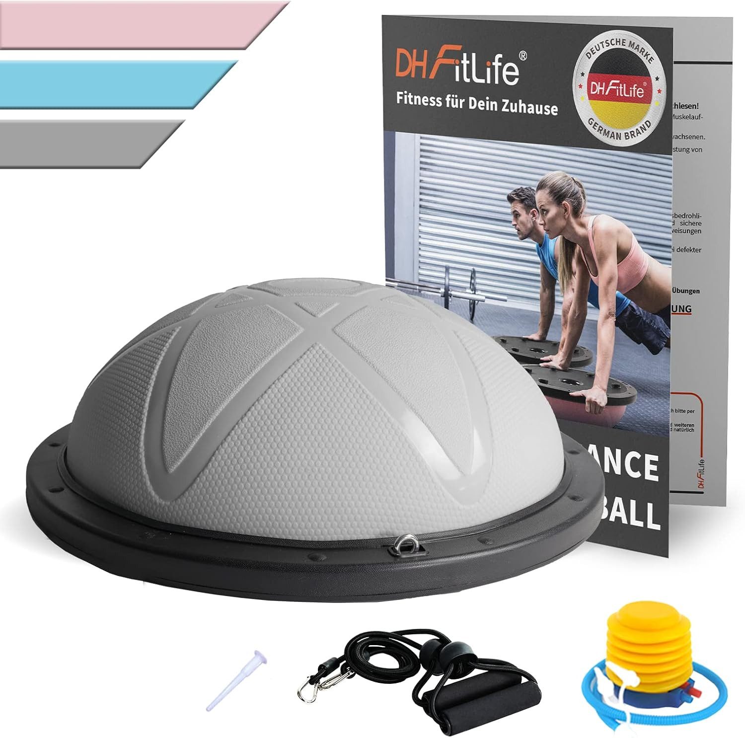 DH FitLife Balanceboard Balance Ball, bosu ball, Yoga Gleichgewichtstrainer, beidseitig einsetzbar, Φ60*22cm bis 200 KG, mit Pumpe & 2 bändern