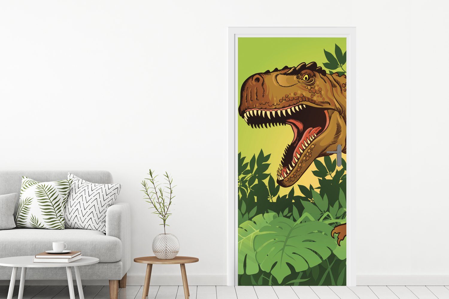 Dinosaurier Tür, Illustration - - für 75x205 Kinder - MuchoWow cm - Fototapete Baby - Braun St), Türaufkleber, Türtapete bedruckt, Pflanzen (1 Matt, Junge, -
