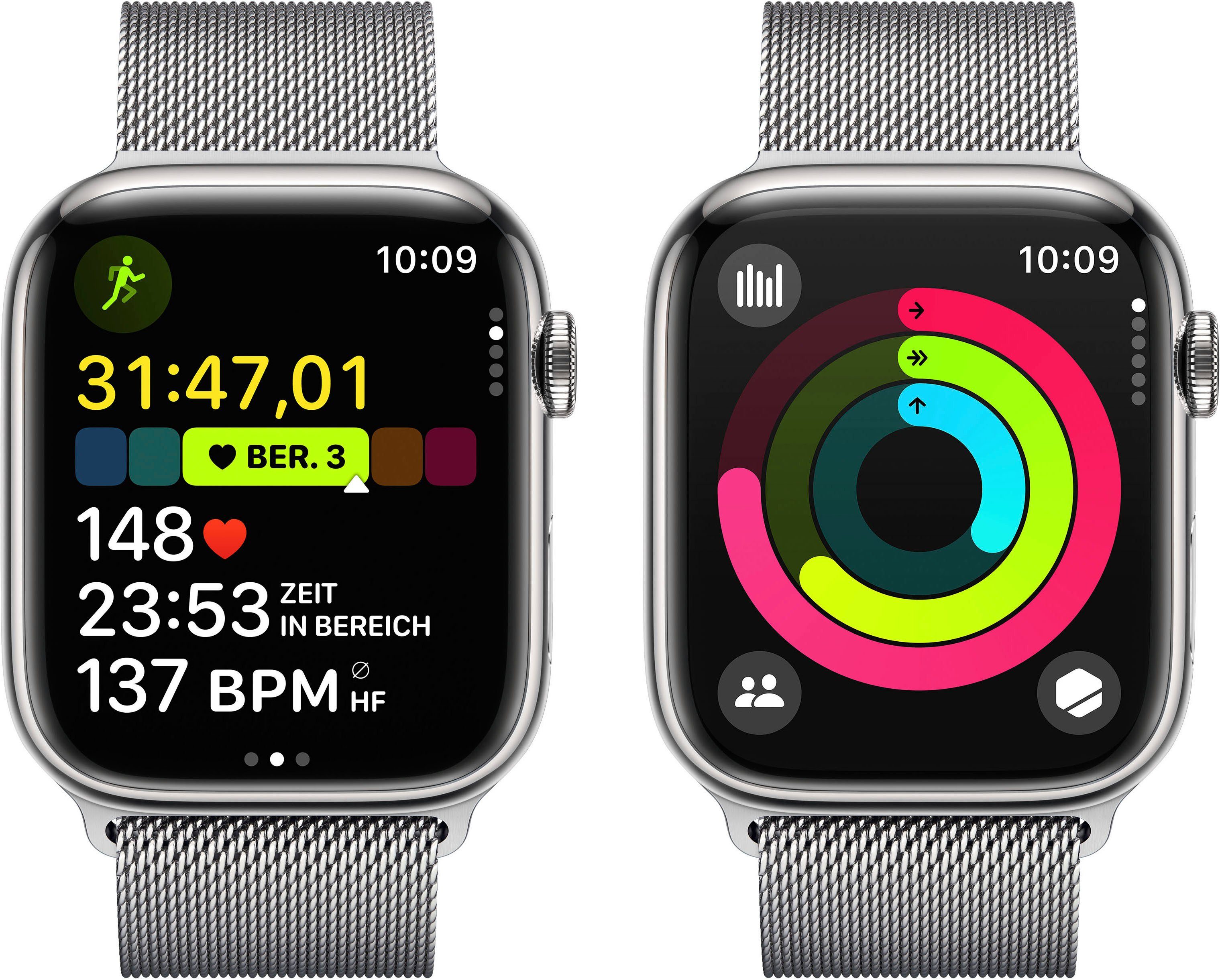 Series Stainless + Steel silber 10), (4,5 | Apple Watch Watch silber Loop Zoll, 9 OS GPS Milanese 45mm Cellular Smartwatch cm/1,77