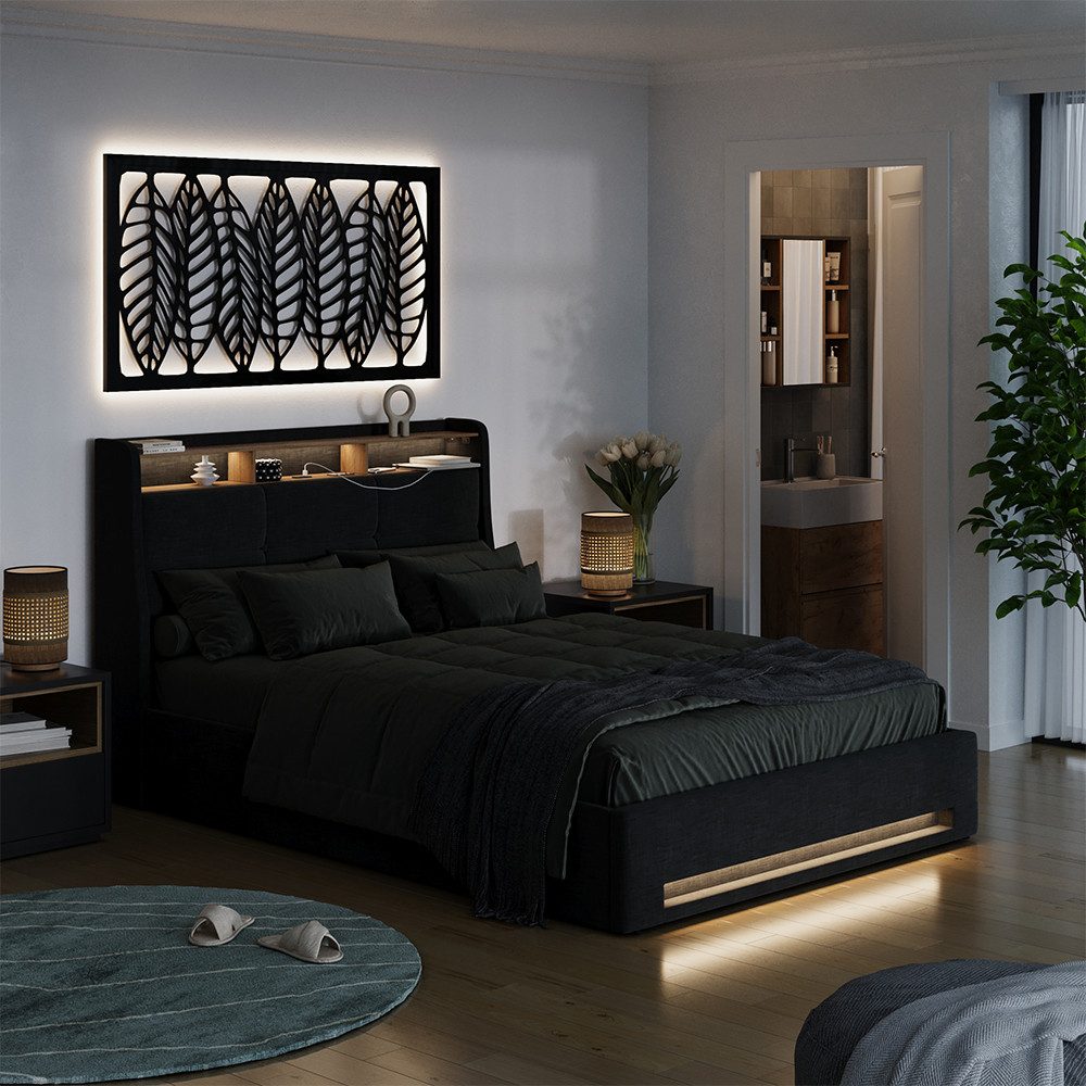 VitaliSpa® Polsterbett Christin, Anthrazit/Eiche, mit LED und USB-Anschluss (1-tlg)