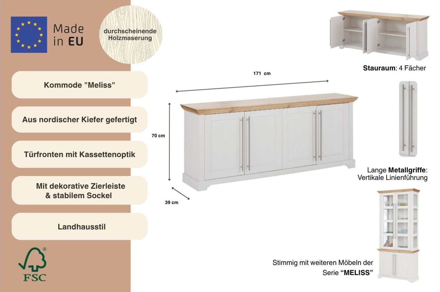 OTTO home Kommode Melissa, aus massiver Kiefer, FSC® zertifiziert, 4-türig, Breite 171 cm