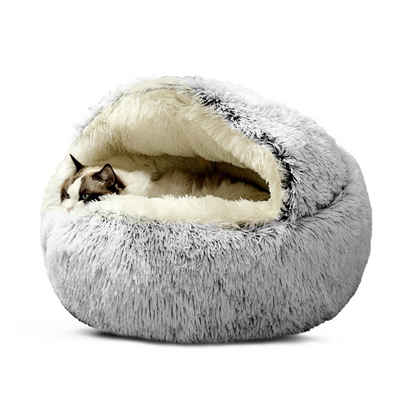 CALIYO Tierbett Flauschiges Katzenbett, rund, weiches Plüsch, Höhle mit Kapuze, Rutsch- und wasserdichte Unterseite
