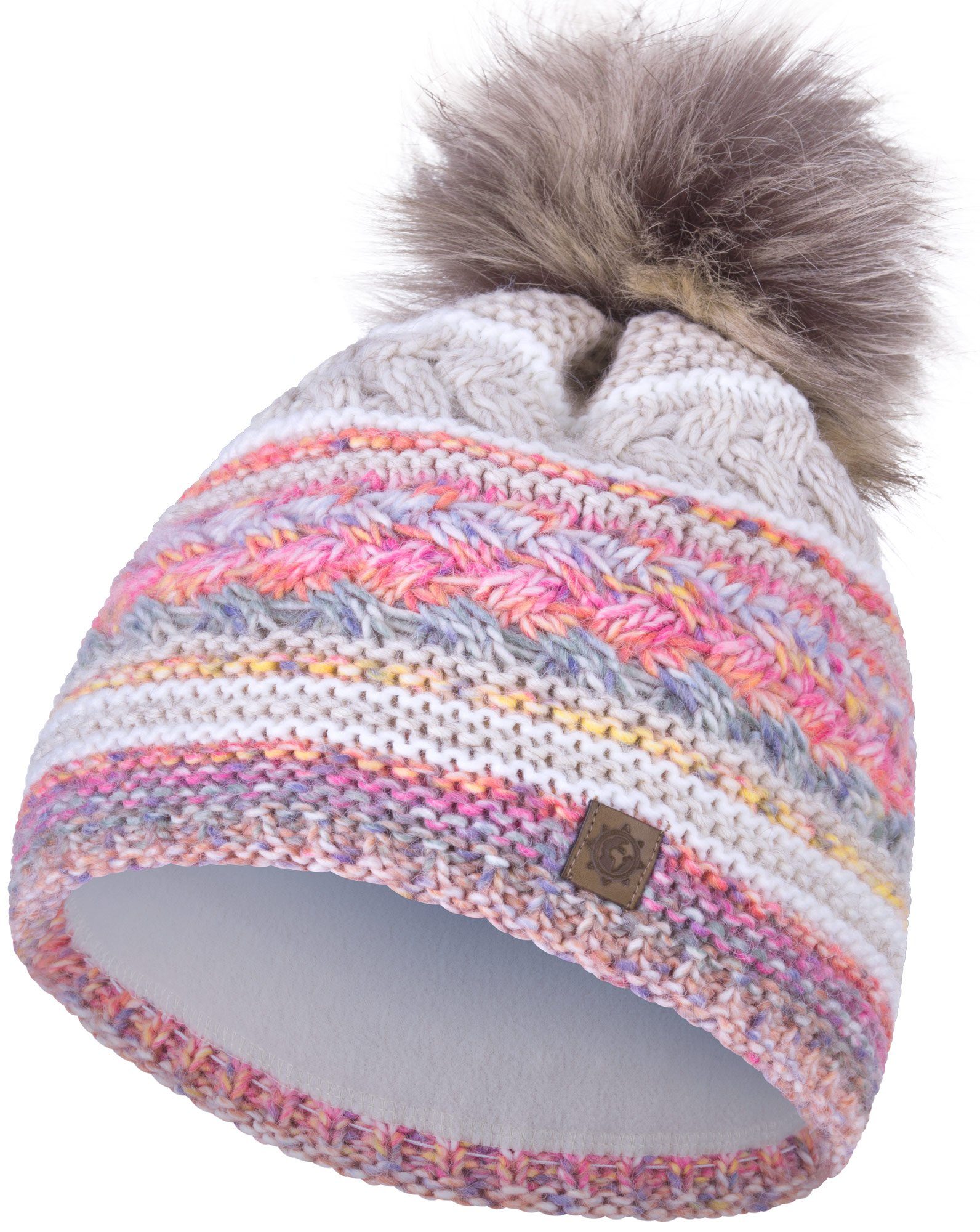 compagno Bommelmütze (1-St) Wintermütze Strickmütze Damen Winter gefüttert Beanie beige