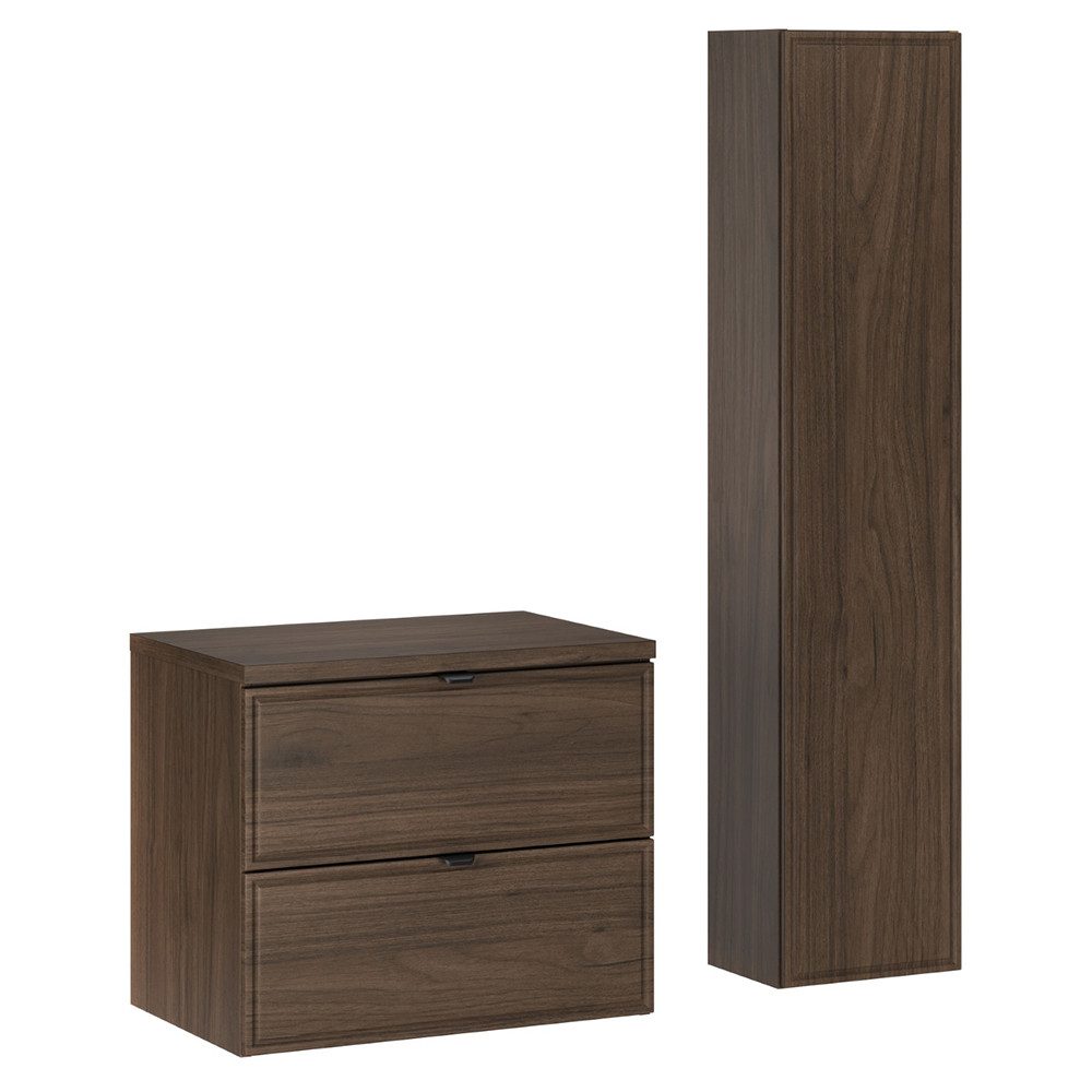 Lomadox Badmöbel-Set TEMUCO-56-WALNUT, (Spar-Set, 2-St., Waschtischunterschrank Hochschrank), in Walnuss mit Rahmenfräsung, wandhängend