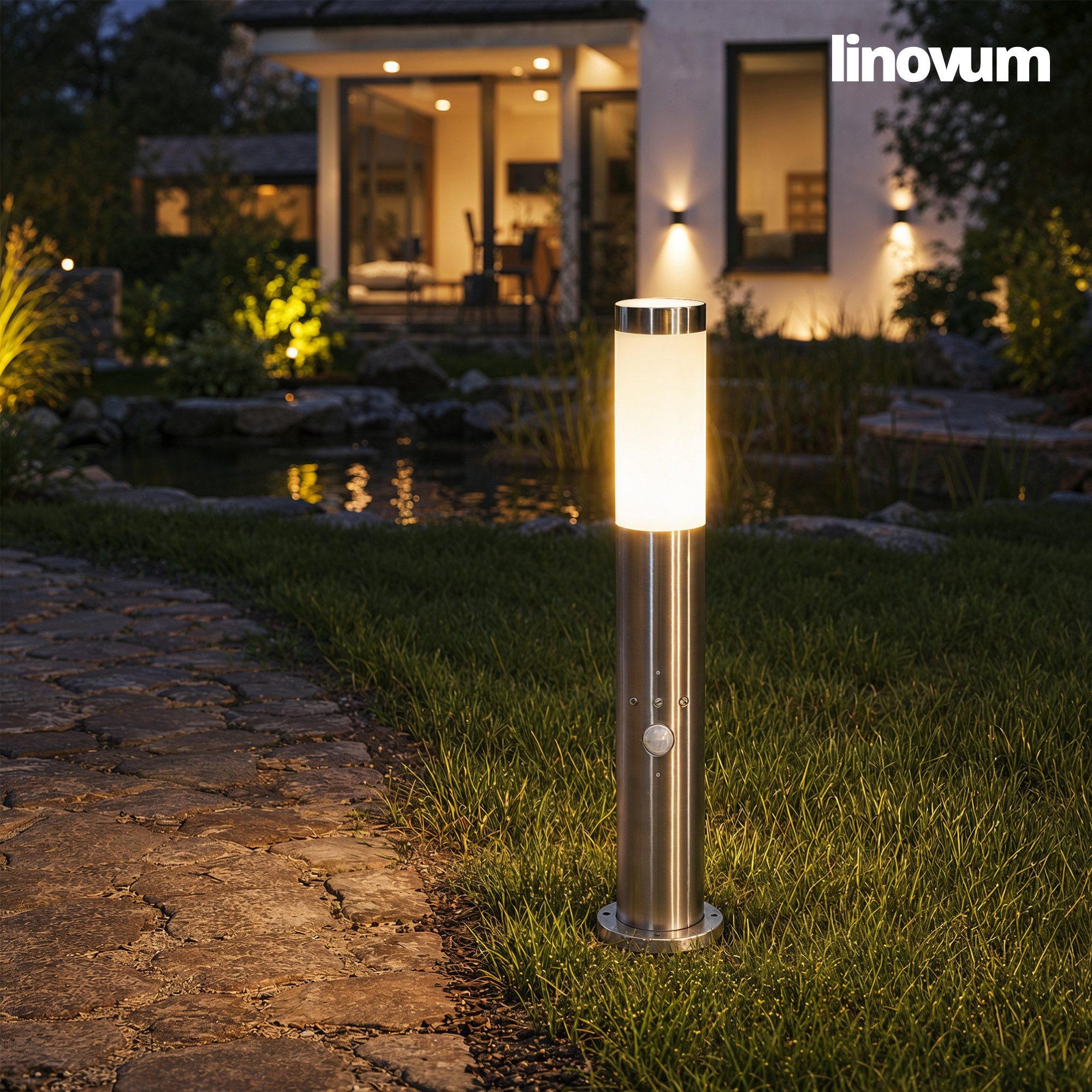SSC-LUXon LED Pollerleuchte Wegeleuchte BOSEA-B mit Bewegungsmelder IP44 mit LED E27 warmweiß 4W, Warmweiß