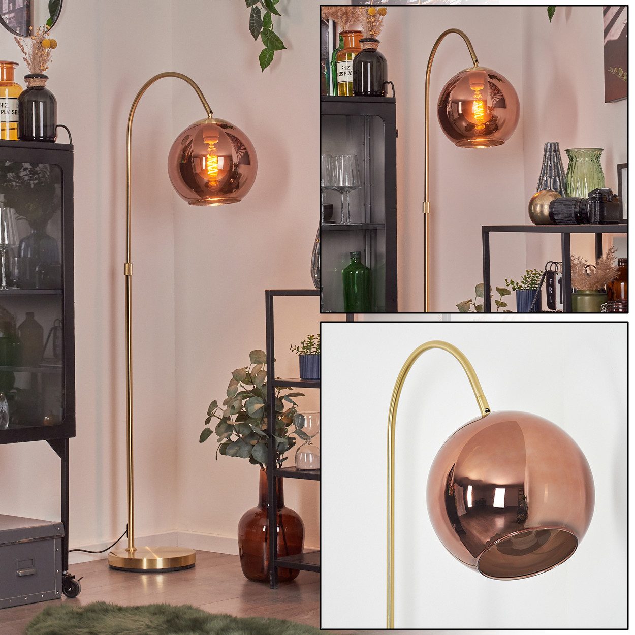 hofstein Bogenlampe Stehlampe aus Metall/Glas in Messing/Kupferfarben, ohne Leuchtmittel, mit Glasschirm (25 cm) u. Fußschalter, 1 x E27, ohne Leuchtmittel