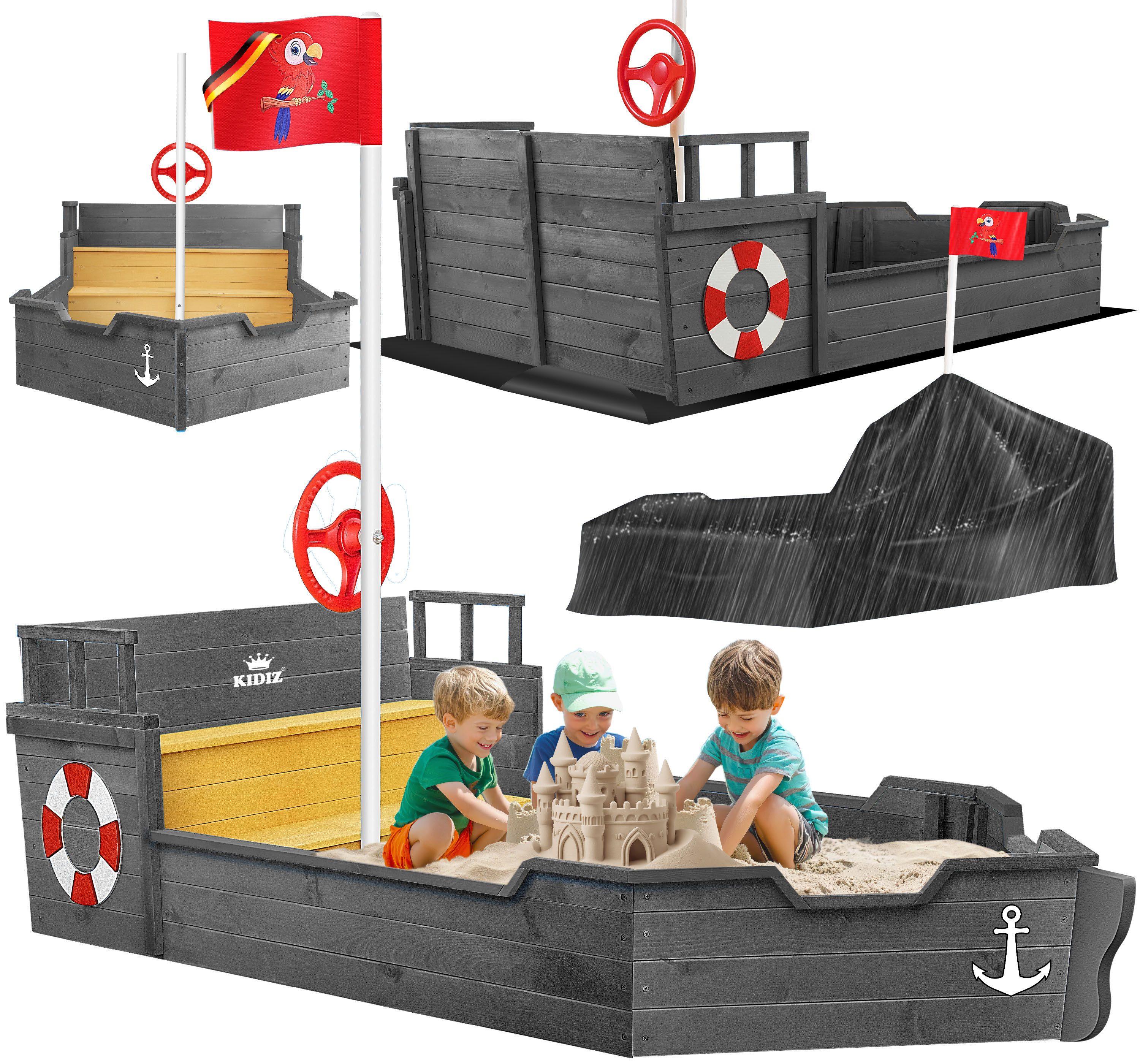 KIDIZ Sandkasten, Sandkasten Ahoi Piratenschiff Boot Segelschiff aus Holz