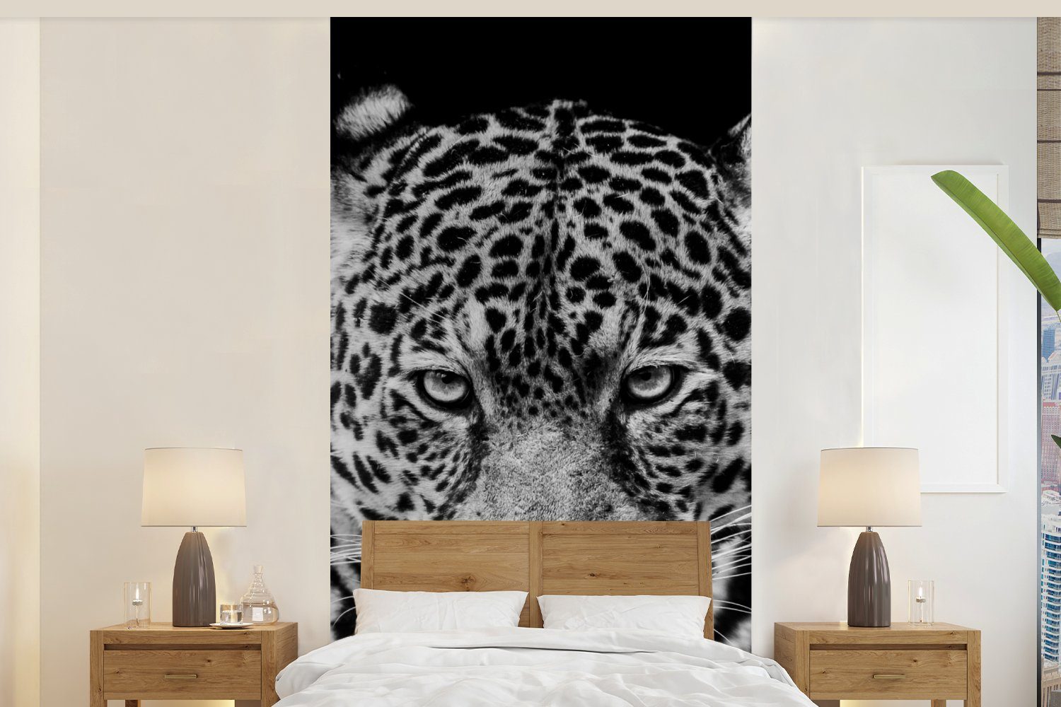MuchoWow Fototapete Leopard - Tiere - Schwarz - Weiß - Porträt, Matt, bedruckt, (2 St), Vliestapete für Wohnzimmer Schlafzimmer Küche, Fototapete