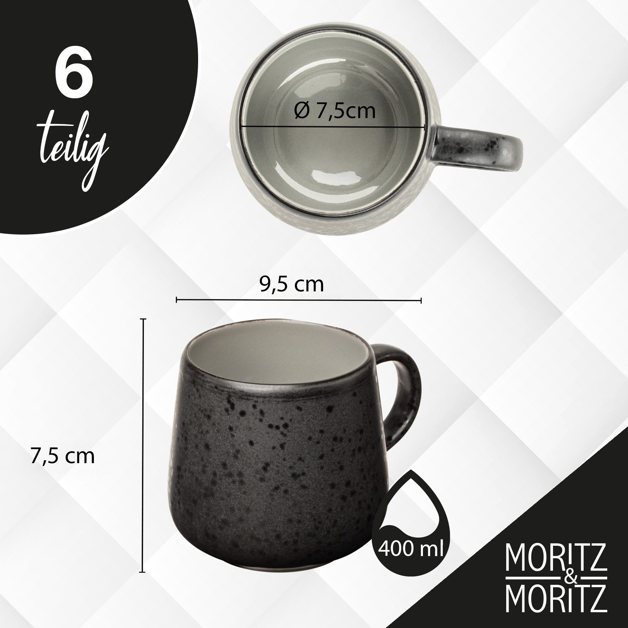 Moritz & Moritz Tafelservice SOLID UNI Geschirrset Grau mit Tassen (24-tlg), 6 Personen, Steinzeug, Kombigeschirr für 6 Personen