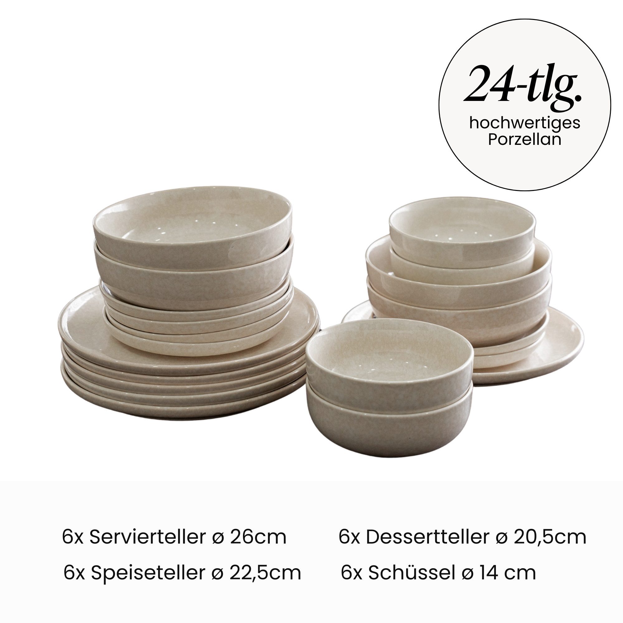 Zoha Geschirr-Set Roma, modernes Tafelservice Spülmaschinen- & Mikrowellengeeignet (24-tlg), 6 Personen, Porzellan, Kombiset mit Craquelé-Struktur, Warm-Beige Färbung für Eleganten Look