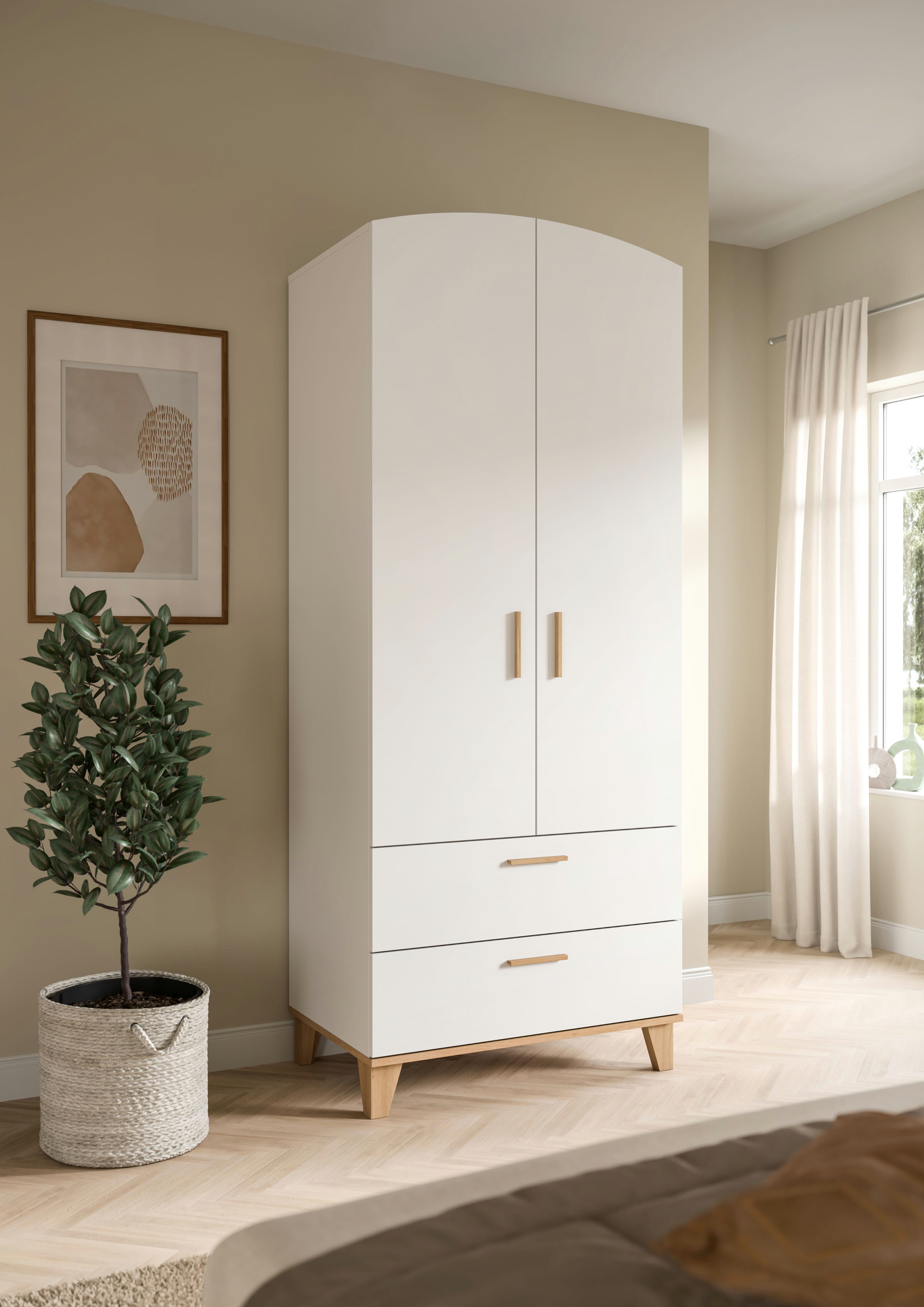 Home affaire Kleiderschrank LASSE, Schlafzimmerschrank, Garderobe, Schrank (1-St., in verschiedenen Breiten erhältich, im Scandi-Look) 2 Türen, 2 Schubkästen, 1 Konstruktionsboden, 1 Kleiderstange