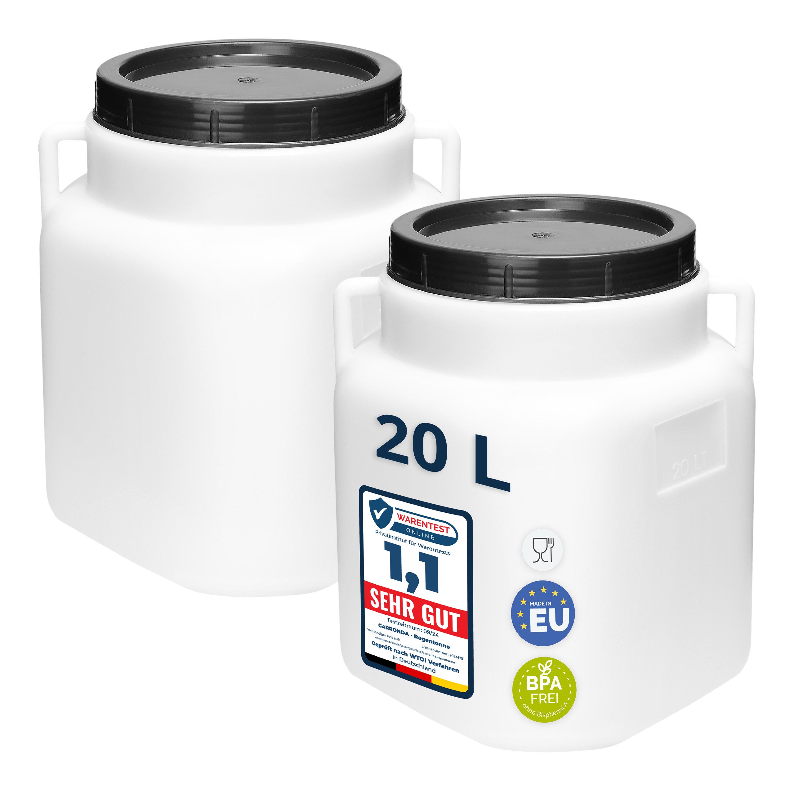 Garronda Regentonne Set BPA-freies quadratisches Fass Behälter mit Deckel GD-0134, 20 l, (2-tlg), BPA-Frei