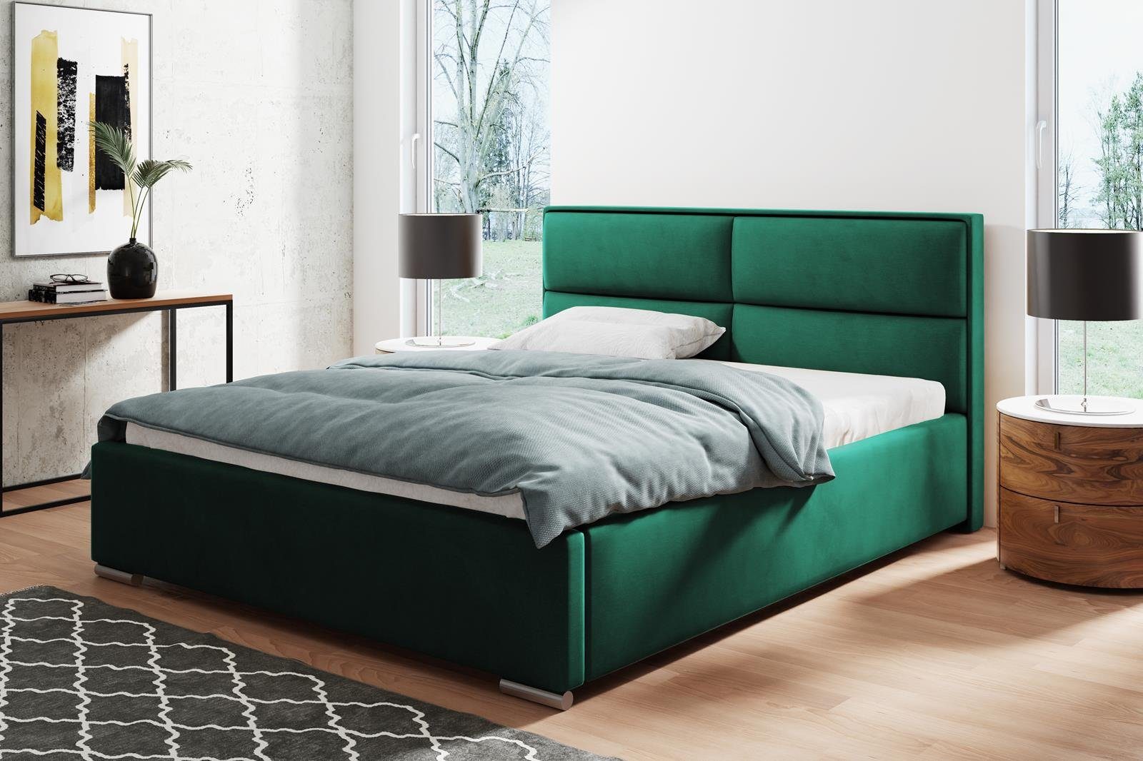 Beautysofa Polsterbett Duo (Doppelbett aus Velourstoff, mit große Bettkasten, gelb / schwarz / blau / grün / grau / rosa), mit Metallrahmen und Gaszylinder Flasches grün (kronos 19)